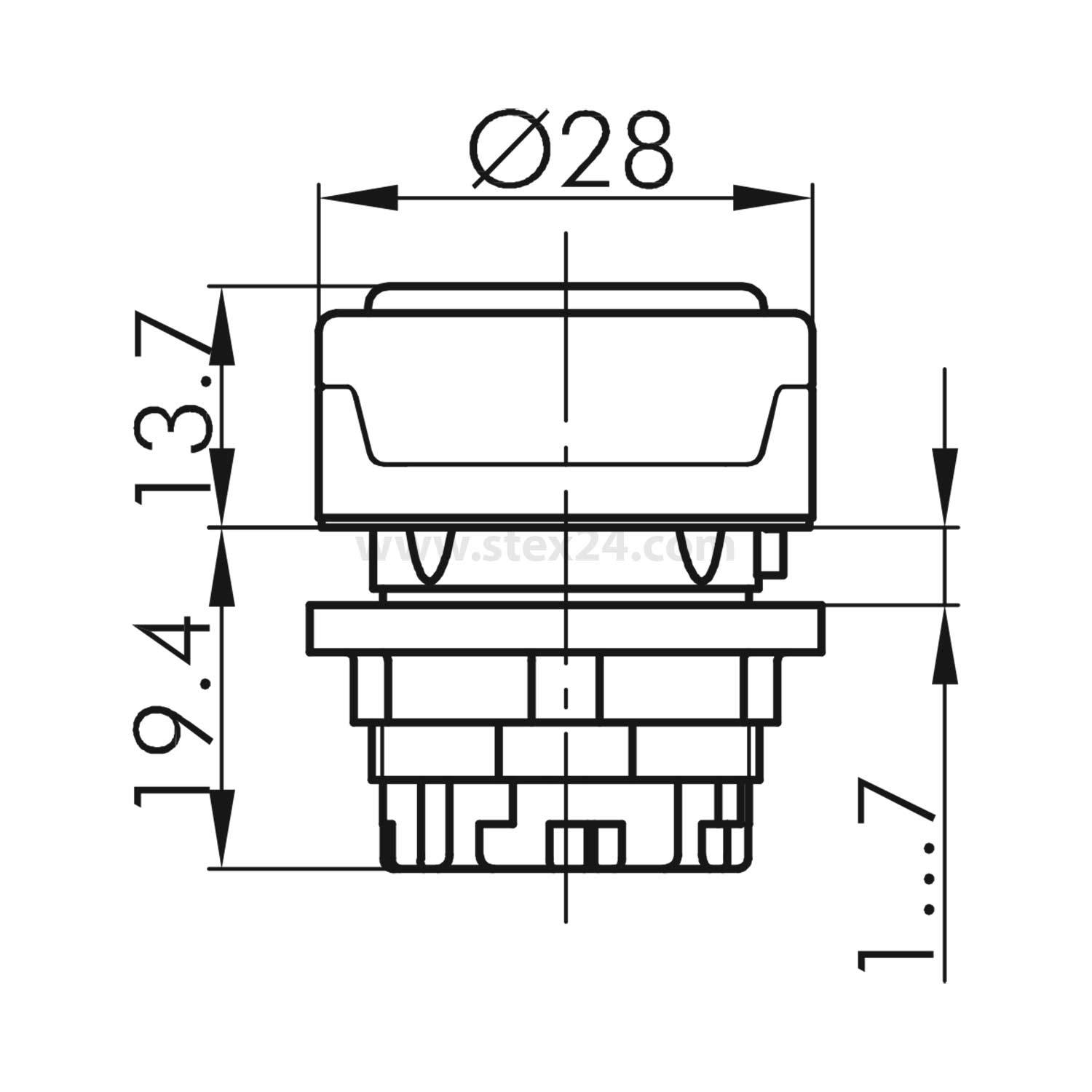 Knopfdiagramm mit Außendurchmesser 28 mm, Höhe 13,7 mm, Basishöhe 19,4 mm und Länge des unteren Abschnitts 1,7 mm.