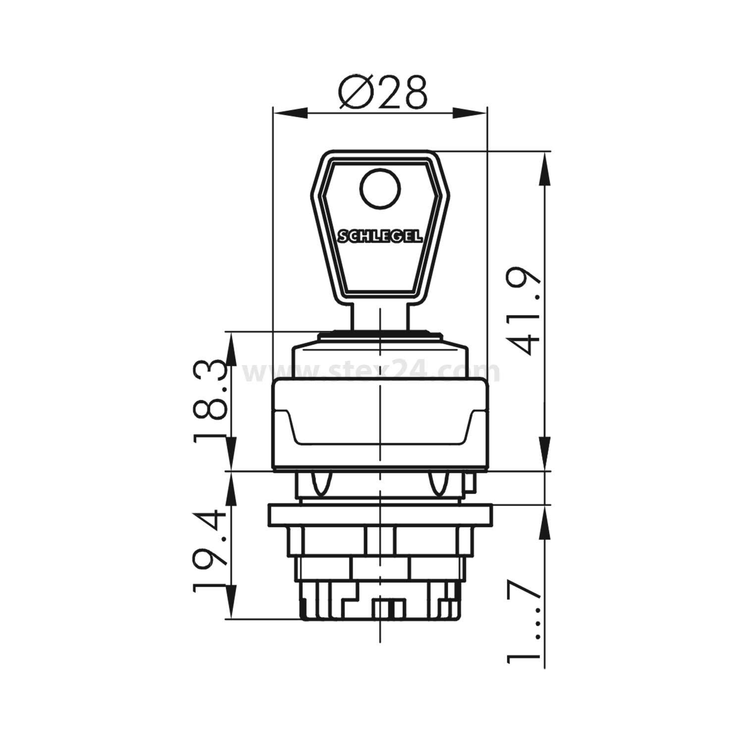Technische Zeichnung Schlegel Schlüsselschalter mit Dimensionen: 41,9 mm Höhe, 28 mm Durchmesser, mit gekennzeichneten Komponentenabschnitten.