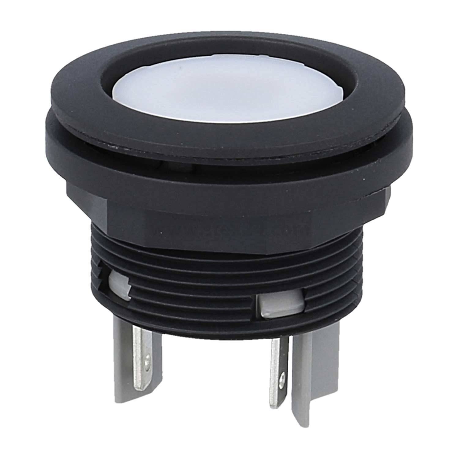 Runder schwarzer Knopf mit weißem Zentrum und zwei Metallstiften darunter für elektrische Verbindungen.