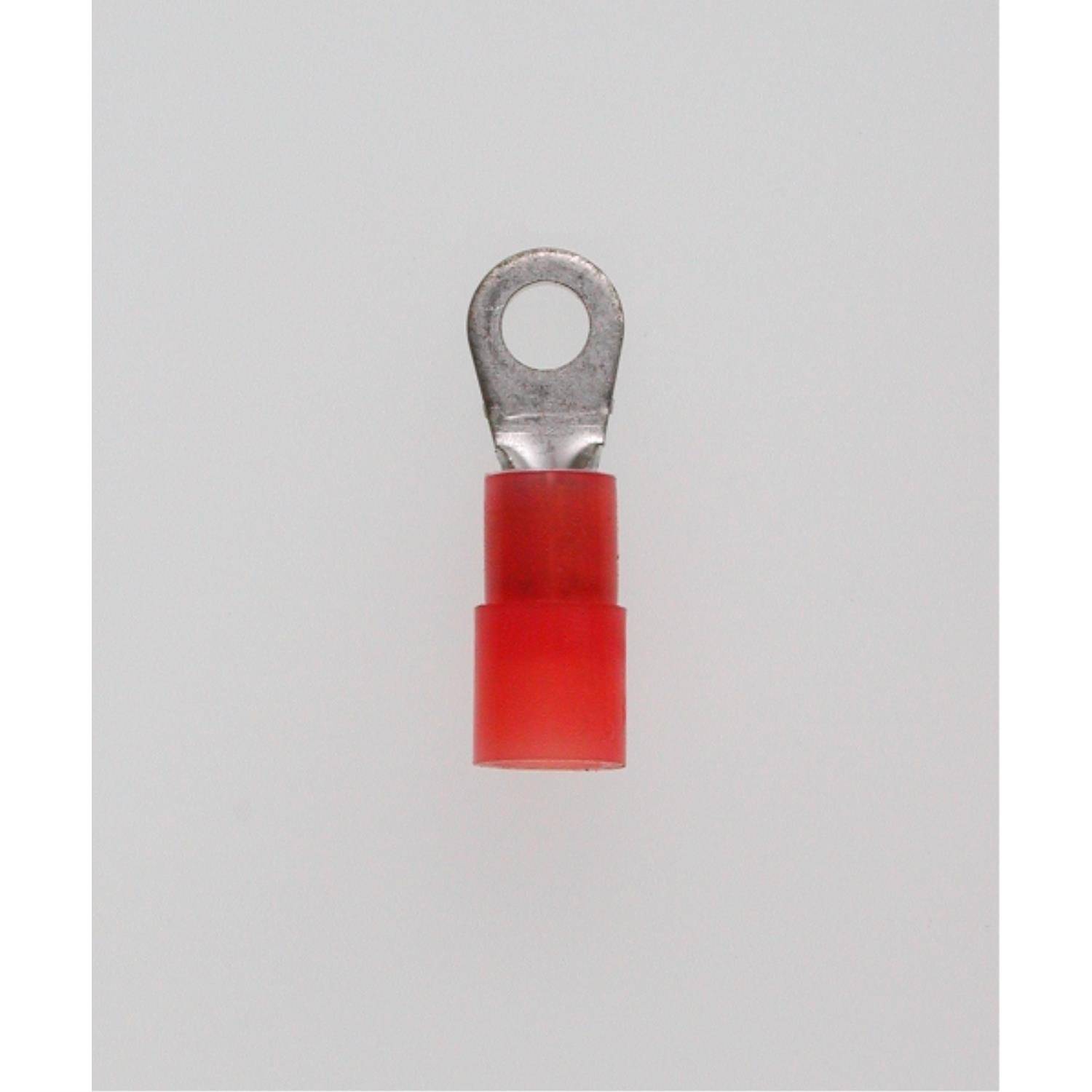 Eine rote isolierte Ringkabelschuh mit einer Metallschlaufe an der Oberseite für elektrische Verbindungen.
