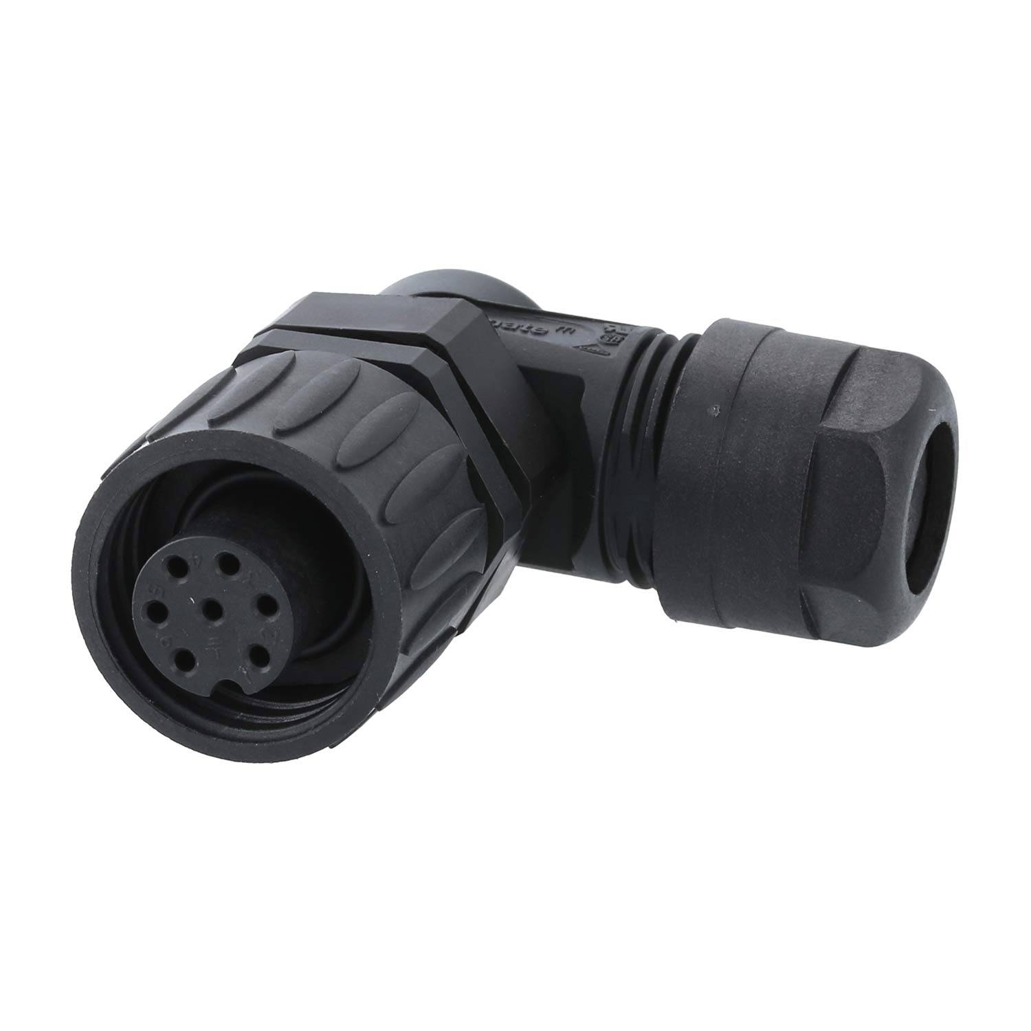 Ein rechtwinkeliger schwarzer Zylinder-Steckverbinder mit gerippter Oberfläche und mehreren internen Löchern, der zum Verbinden von elektrischen Leitungen verwendet wird.