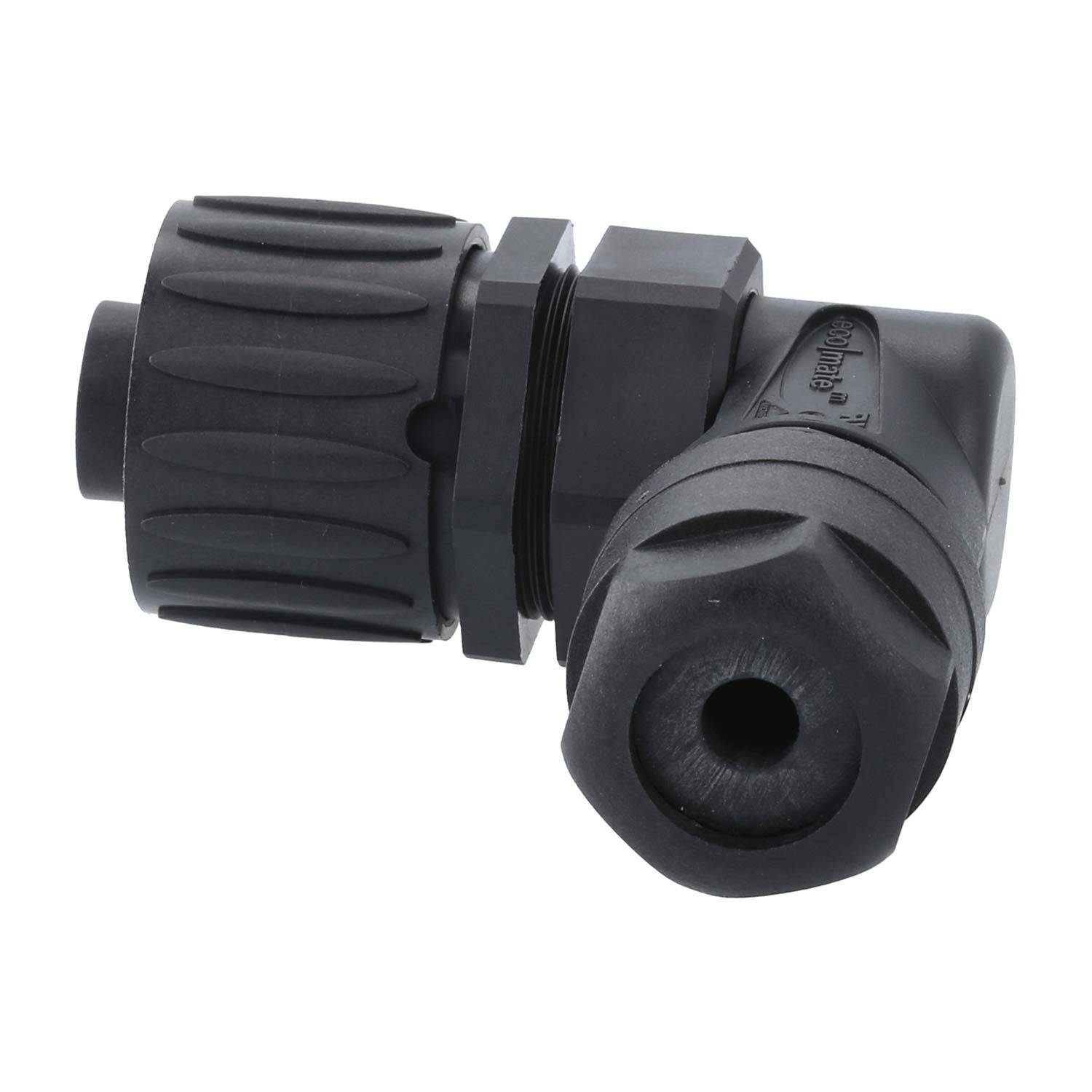 „Eine schwarze industrielle Kabelverschraubung, schräg positioniert, um ihr flexibles Design und geriffelte Griffstruktur zu zeigen, verwendet zum Sichern und Verbinden elektrischer Kabel.