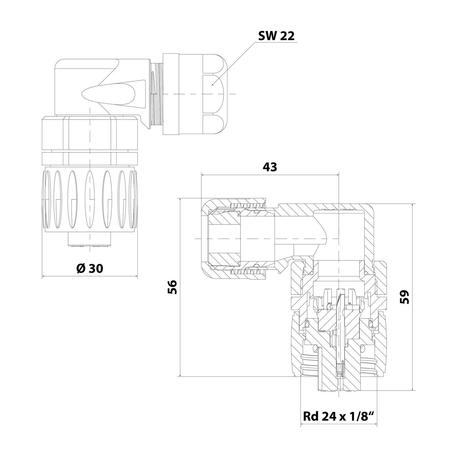 Eine technische Zeichnung eines Rohrelbogens, gekennzeichnet mit 'SW 22', mit den Abmessungen 43, 56, 59 mm und den Durchmessern Ø30, Rd 24 x 1/8
