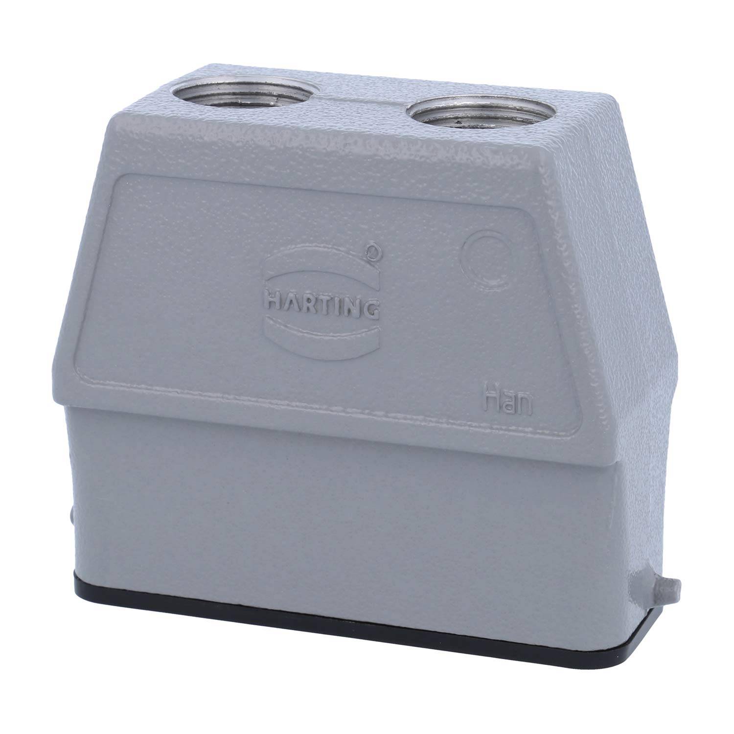 Ein grauer, rechteckiger elektrischer Gehäusekomponent mit zwei oberen Anschlüssen, strukturierter Oberfläche und der Marke 'Harting', die eingeprägt ist.