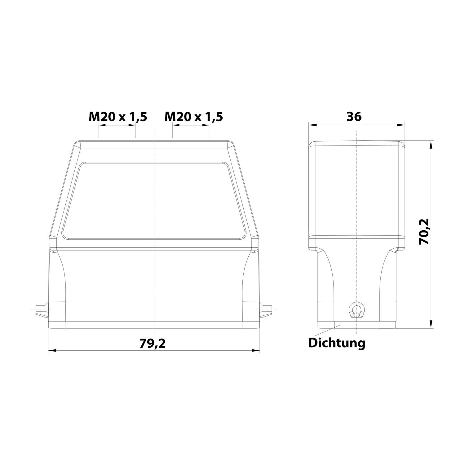 05200160463 HARTING Han 16A Tüllengehäuse hoch, 2xM20 gerader Kabelabgang, für 1 Bügel (am Unterteil) Verschraubung M20
