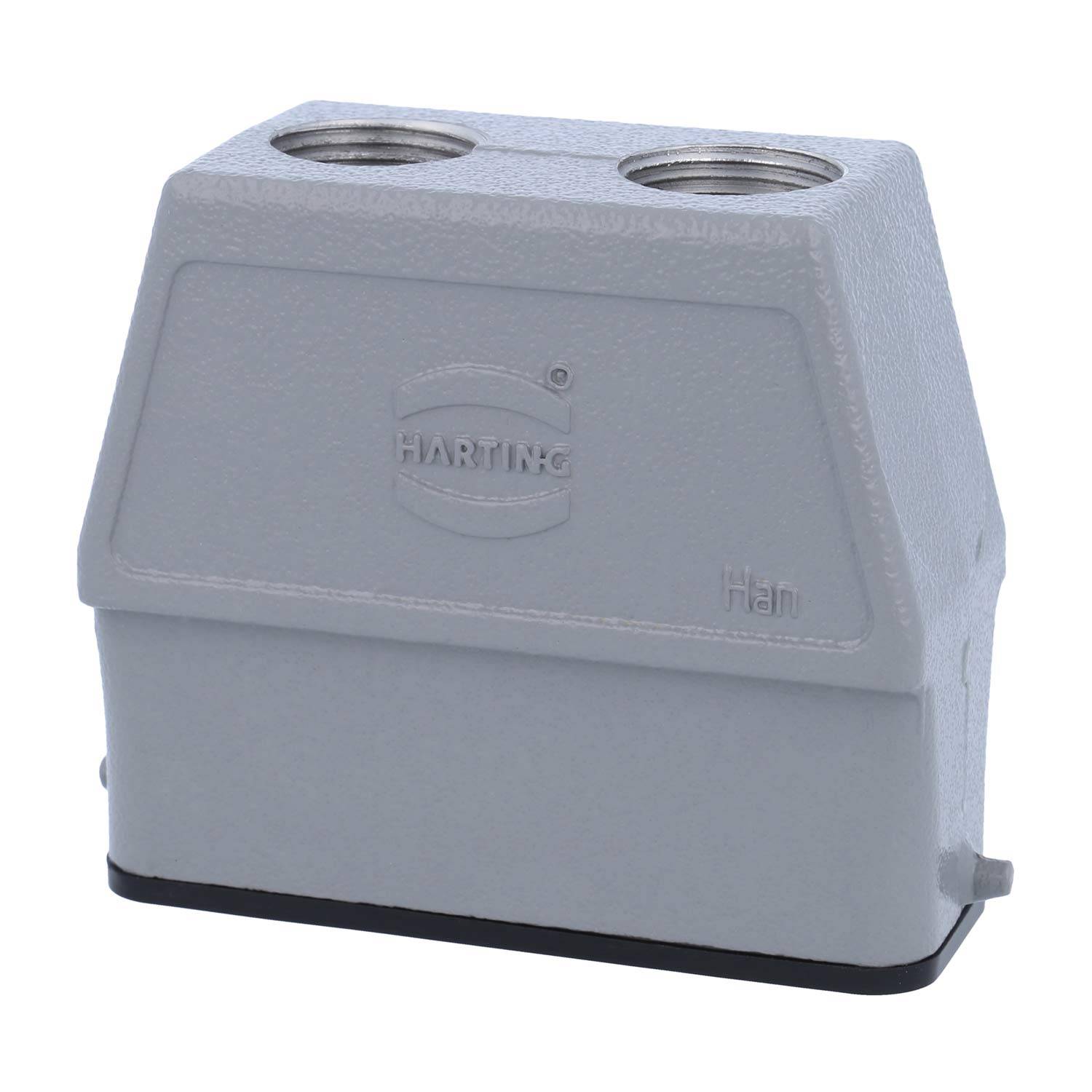 Ein grauer rechteckiger industrieller Anschlussgehäuse mit dem Markennamen 'HARTING', der auf der Vorderseite eingeprägt ist und zwei kreisrunde Öffnungen an der Oberseite aufweist.