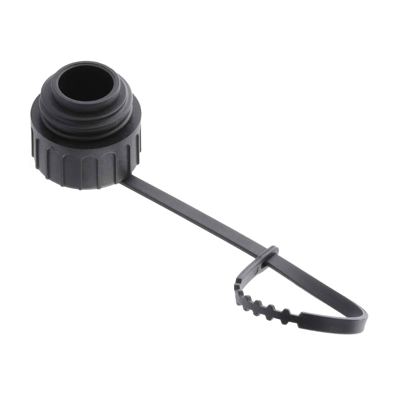 Schwarze Kunststoffkappe mit einem sicheren Schlaufenriemen, die entwickelt wurde, um eine Öffnung zu versiegeln und zu schützen.