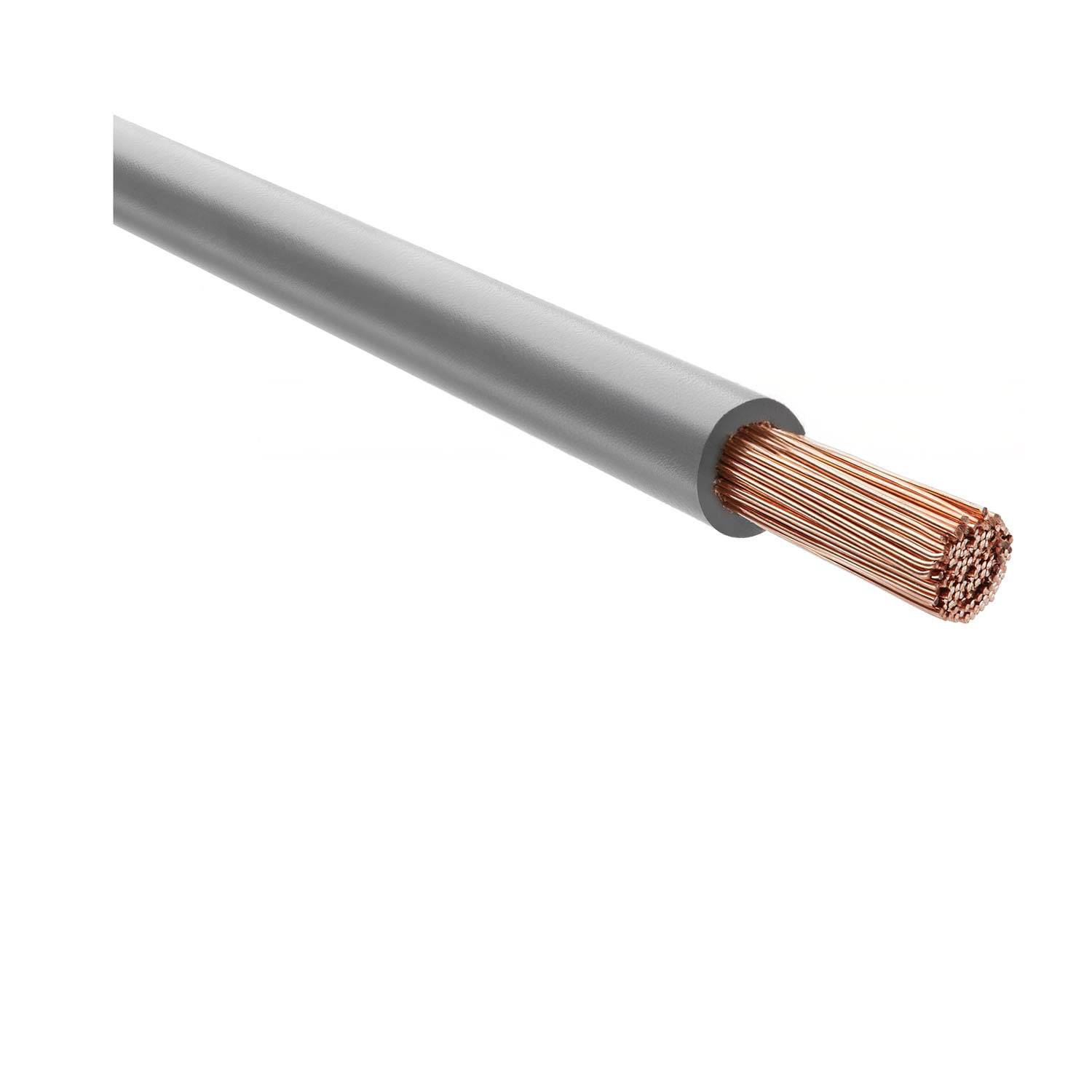 Querschnitt eines grauen isolierten elektrischen Kabels mit freigelegten Kupferlitzen am Ende.