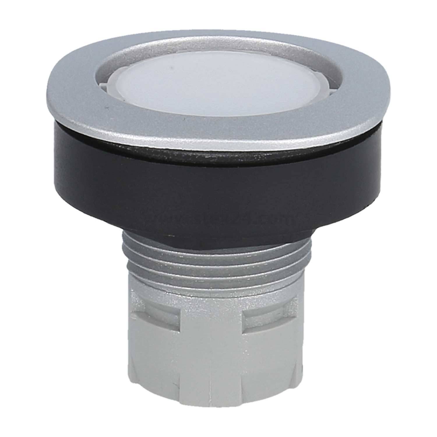 Eine Nahaufnahme eines silbernen und schwarzen Druckknopfschalters mit einer runden Oberfläche, der zur Steuerung elektrischer Geräte verwendet wird.