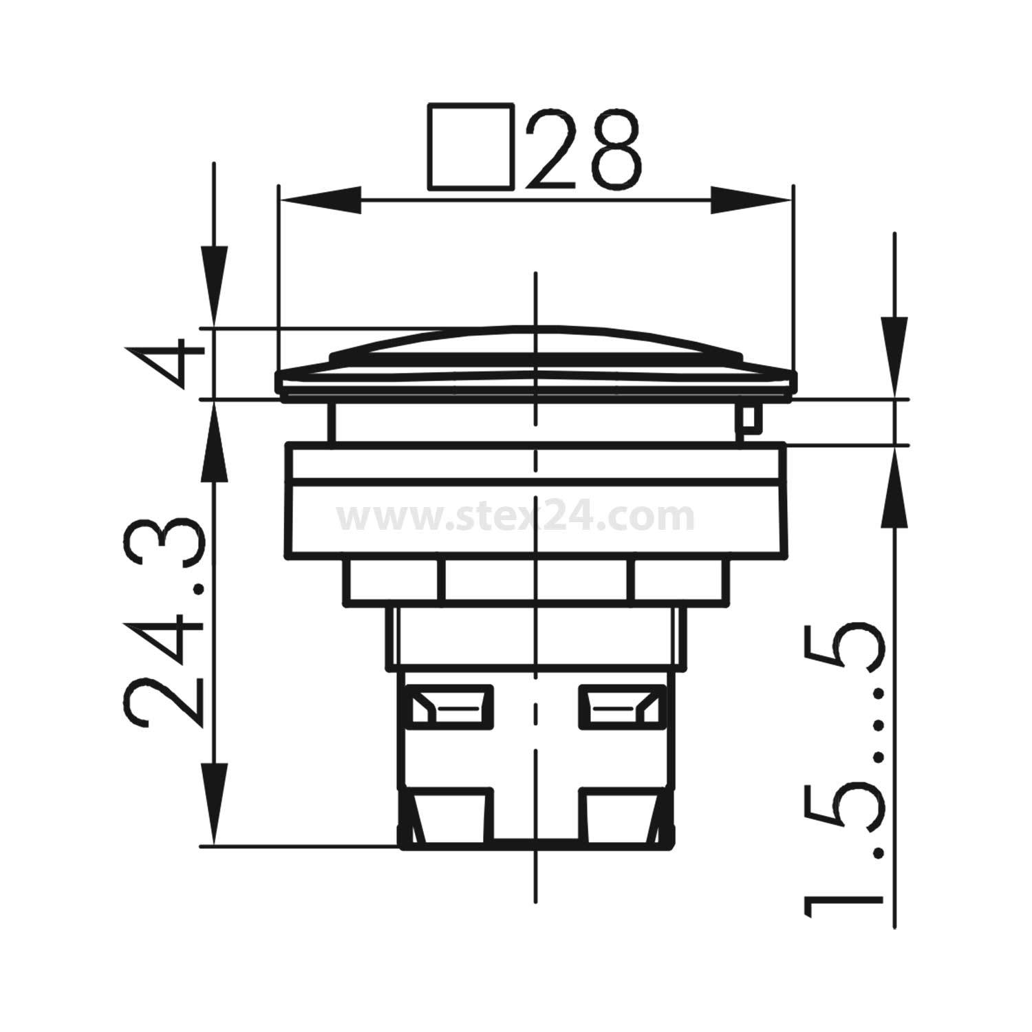 Technische Zeichnung eines quadratischen Tastermodells mit folgenden Abmessungen: 28 mm quadratisch, Höhe 24,3 mm, Einbaudicke des Bedienfeldes zwischen 1,5 und 5 mm.