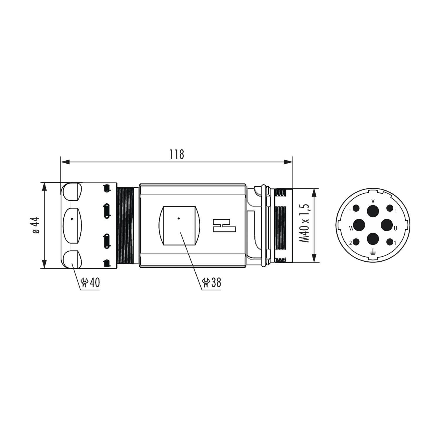 Technische Zeichnung, die die Abmessungen eines zylindrischen Verbindungsstücks zeigt: Länge 118 mm, Durchmesser 44 mm, mit sechs Kontaktpunkten im Inneren.