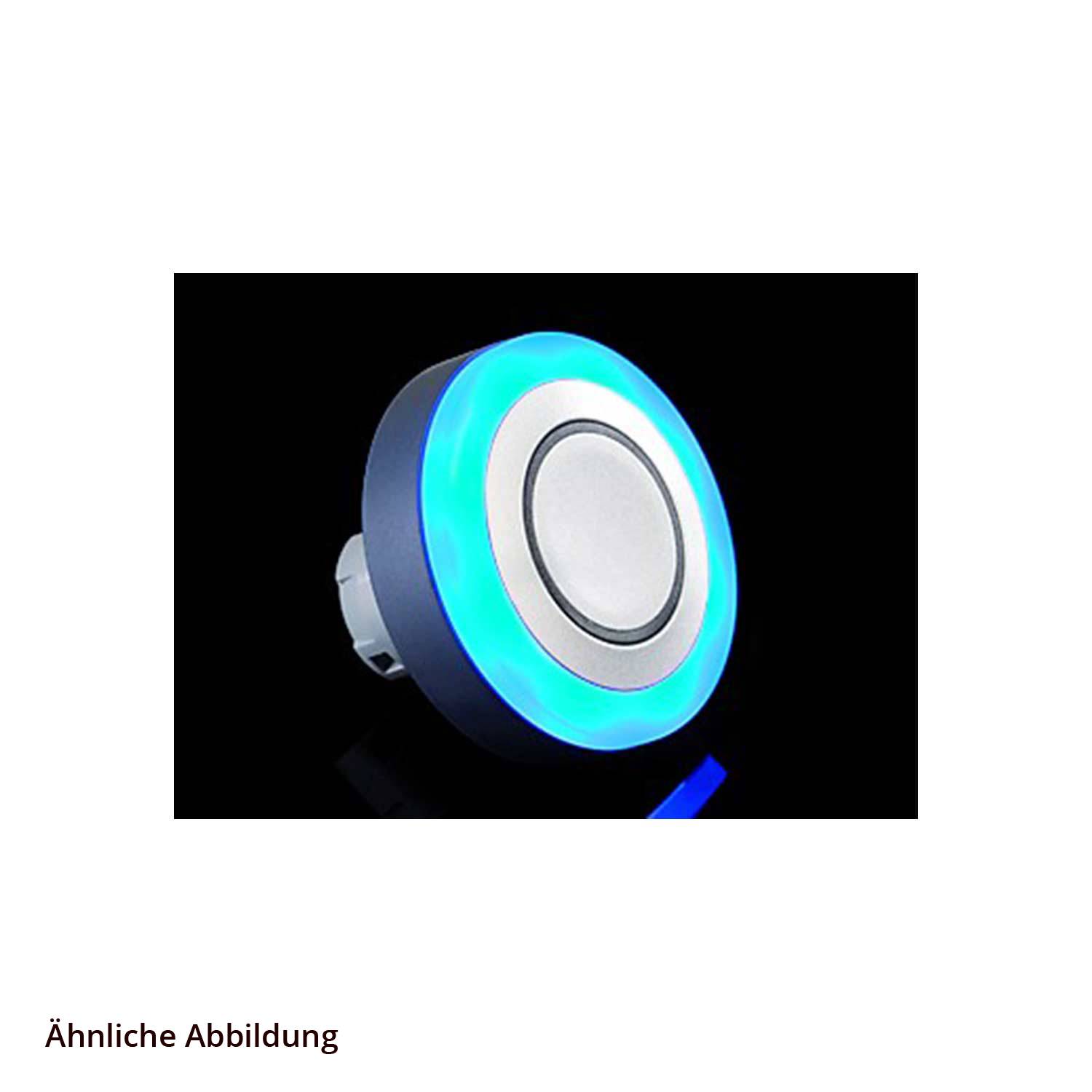 Runder Knopf mit einem leuchtenden blauen Ring, dargestellt auf einem schwarzen Hintergrund.