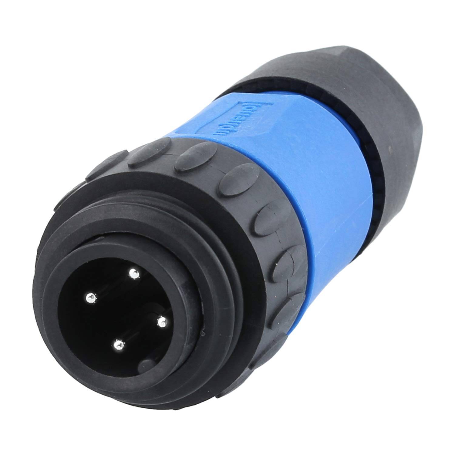Ein schwarzer und blauer kreisförmiger elektrischer Anschluss mit mehreren Metallstiften, der für Audio- oder Beleuchtungsgeräte-Verbindungen entwickelt wurde.