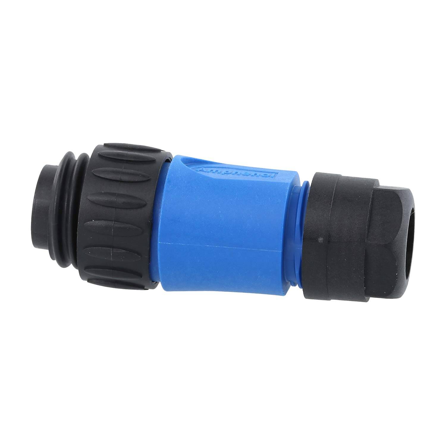 Ein blau und schwarz eingefärbter Kunststoff-Kabelverbinder mit Gewindekonstruktion für eine sichere Verbindung von Kabeln in elektrischen oder Netzwerkanwendungen.