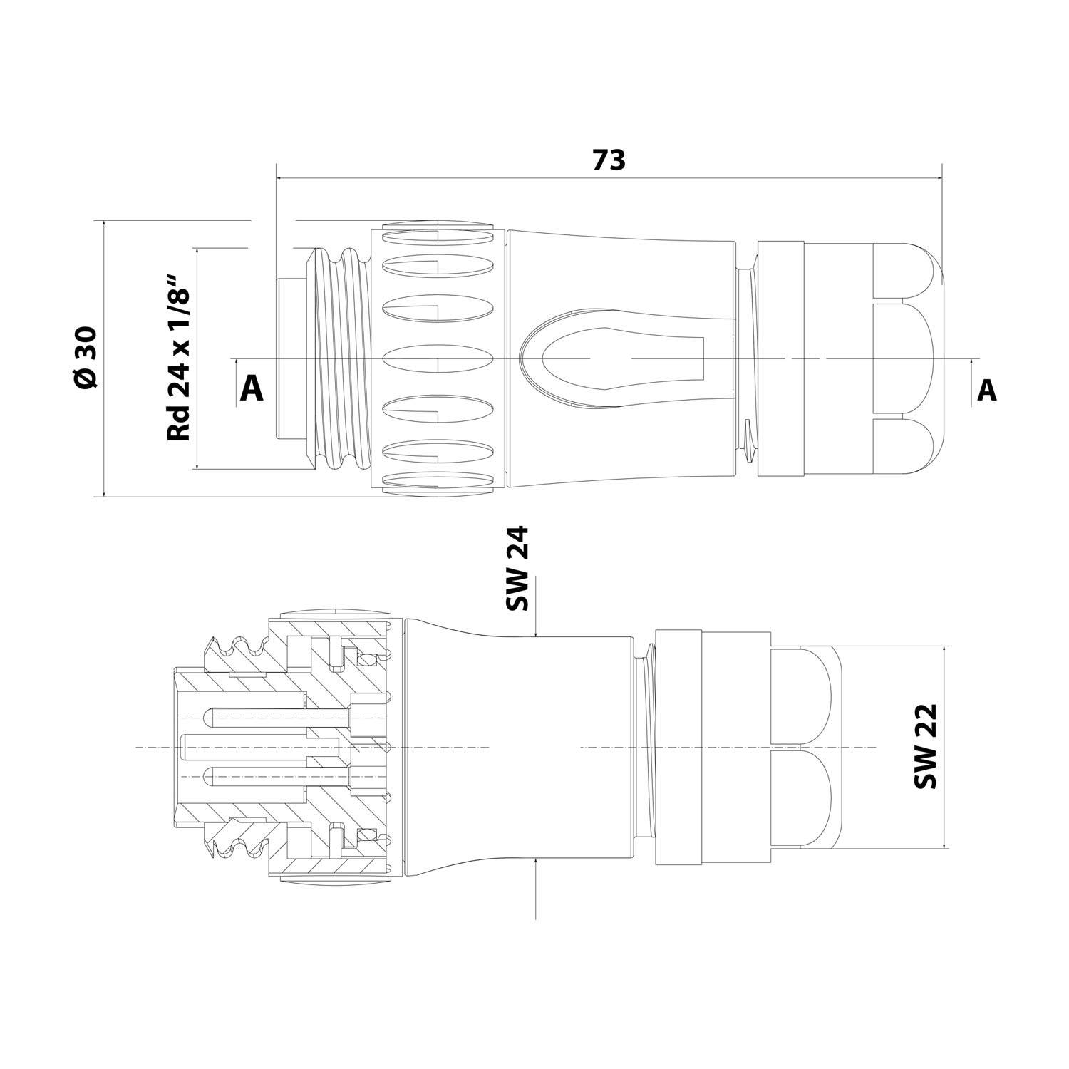 Technische Zeichnung mit Abmessungen eines zylindrischen Objekts: Länge 73 mm, Durchmesser 30 mm, Schnittansicht A-A, beschriftet Rd 24x1/8