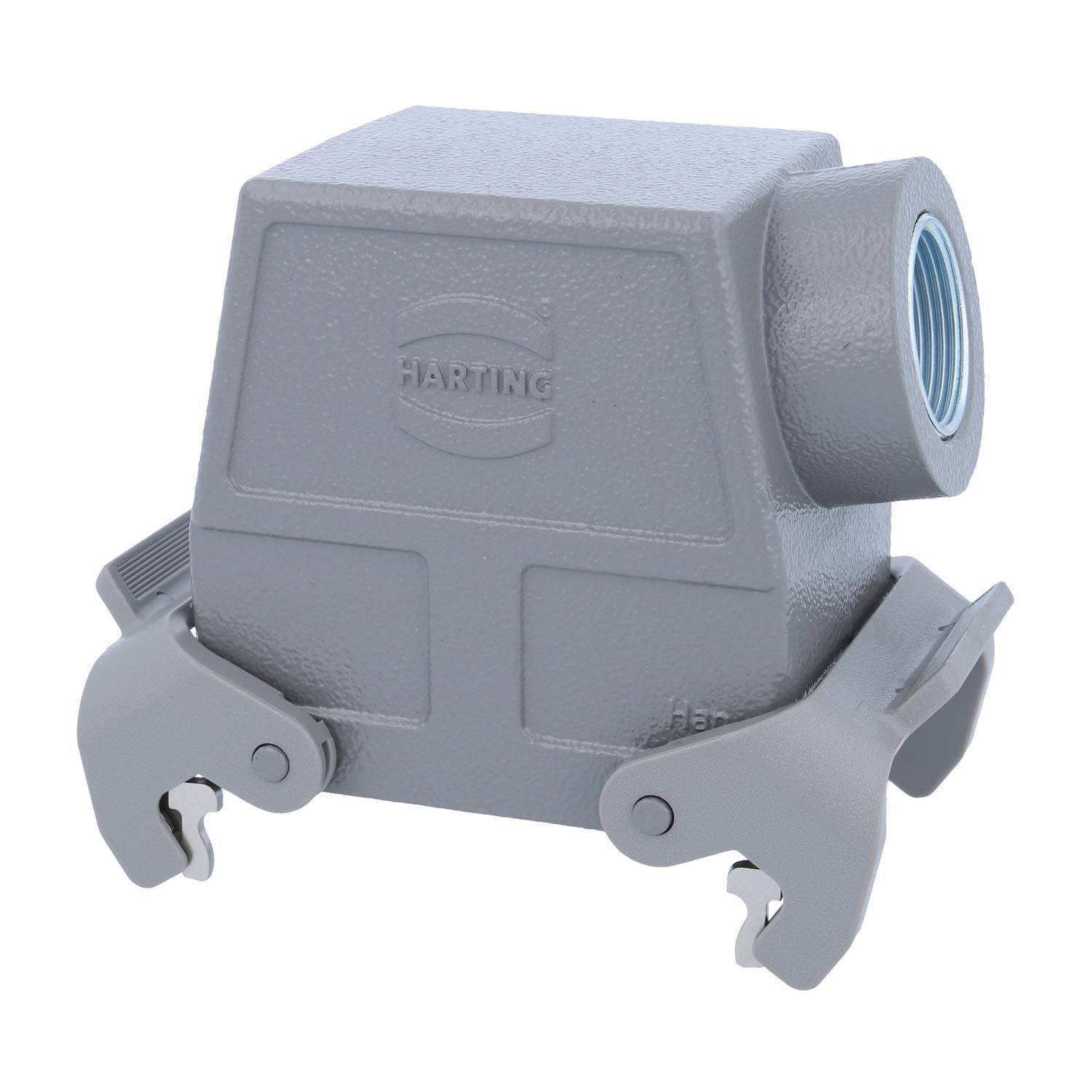 Ein grauer industrieller Verbinder mit zwei Verriegelungshaken wird gezeigt. Das Wort 'HARTING' ist in seine Oberfläche eingeprägt.