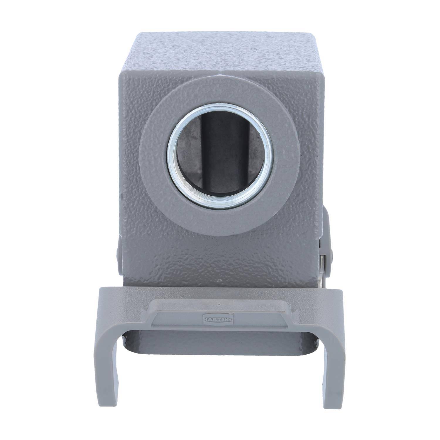 Ein grauer elektrischer Anspitzer mit einer sichtbaren kreisförmigen Öffnung zum Einfügen von Bleistiften und einer Basis für Stabilität.