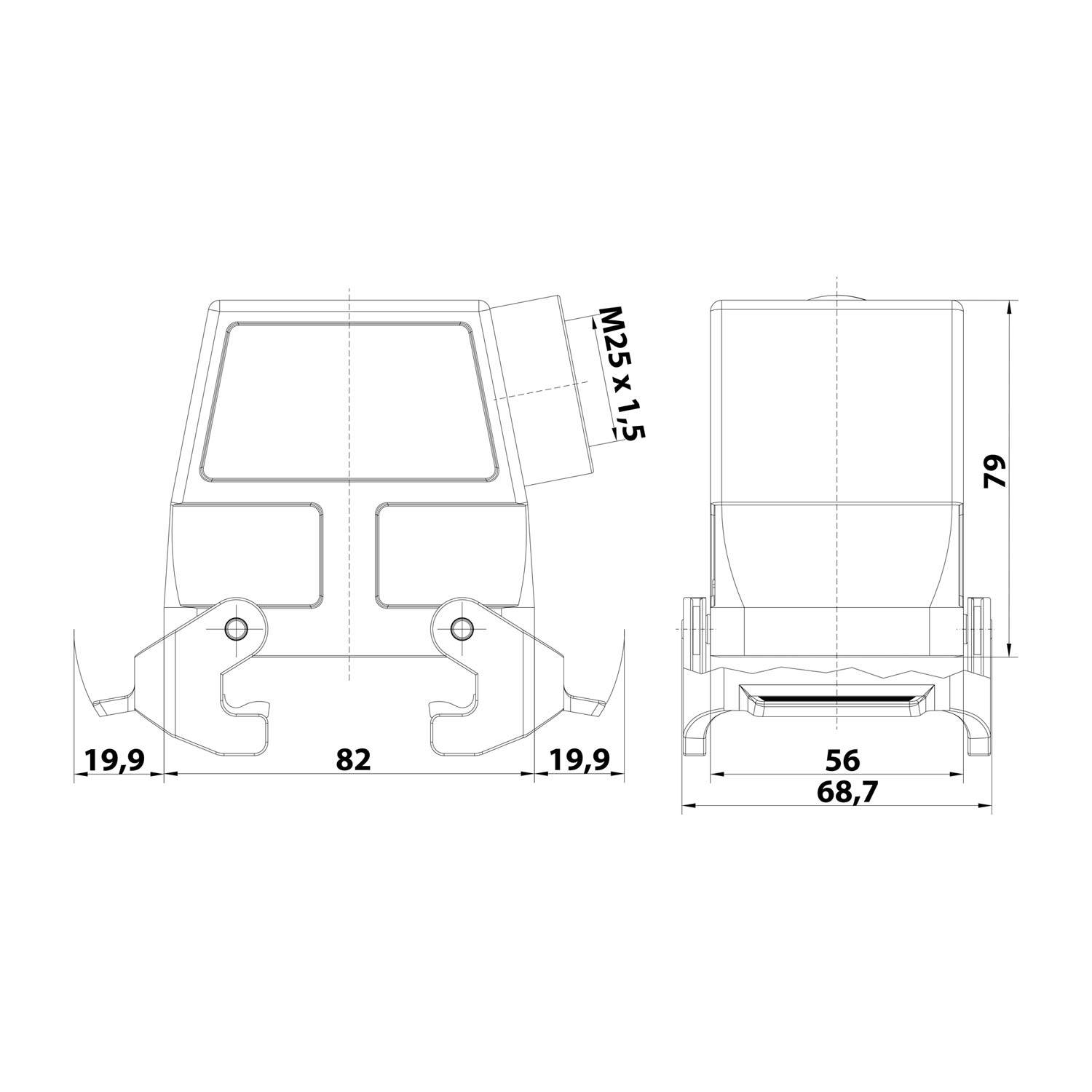 05200320563 HARTING Han 32A Tüllengehäuse hoch, 1xM25 seitlicher Kabelabgang, mit 2 Querbügeln Verschraubung M25