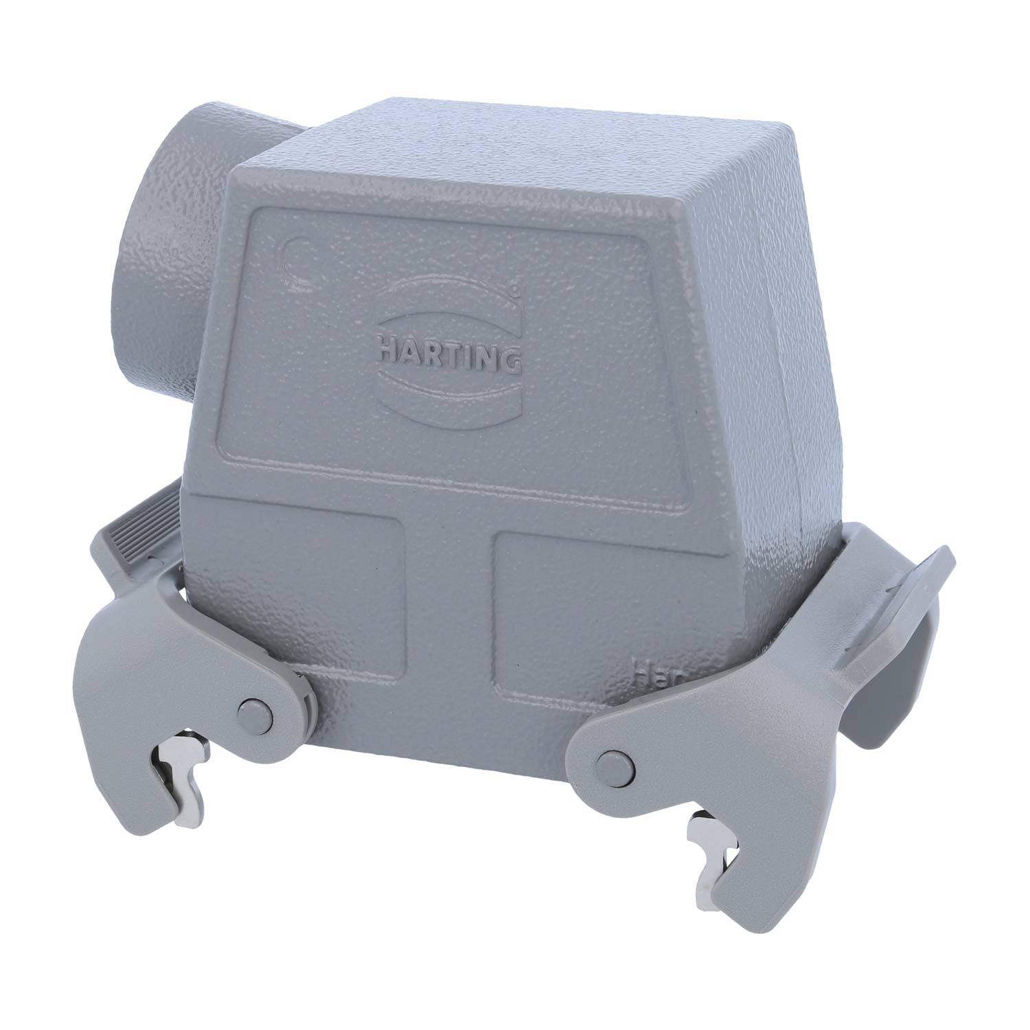Ein grauer industrieller Anschlussgehäuse mit einem Klemmmechanismus, beschriftet mit 'HARTING'.
