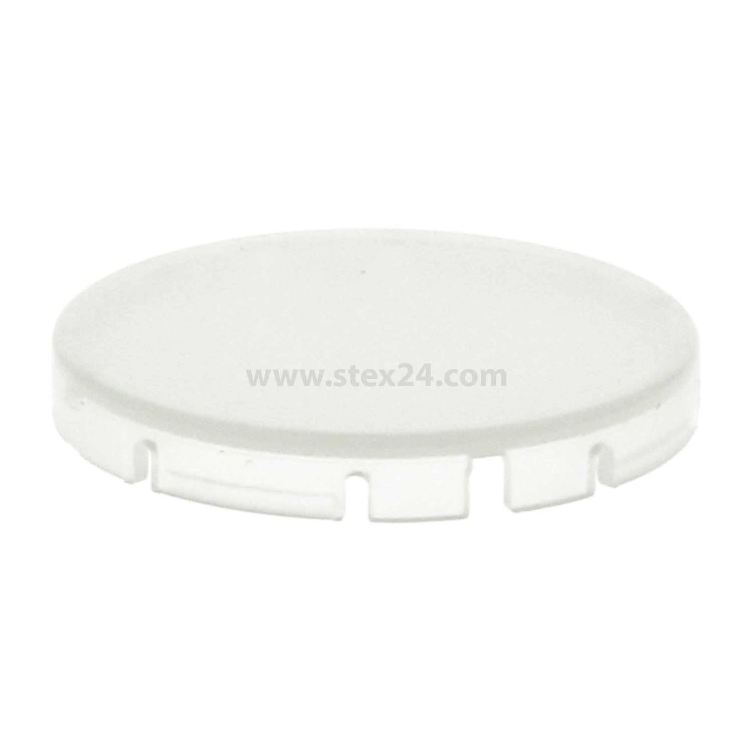 Ein weißer, runder Plastikdeckel mit kleinen, gleichmäßig verteilten Kerben am Rand, der vor einem einfarbigen Hintergrund platziert ist.