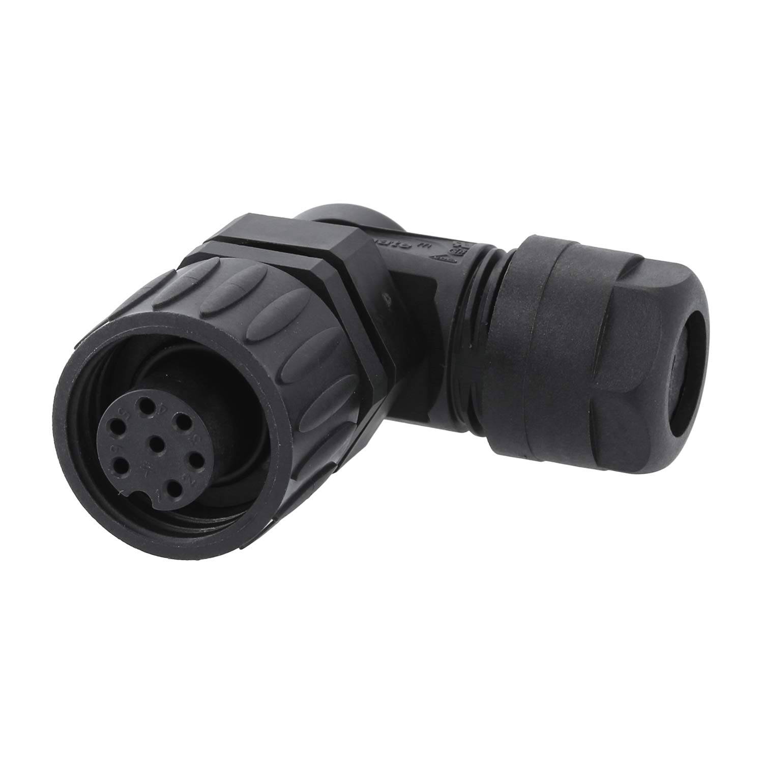 Ein schwarzer Winkelstecker mit rechteckiger Form und kreisförmiger, mehrpoliger Konfiguration, der für sichere Kabelverbindungen in verschiedenen elektronischen Geräten verwendet wird.