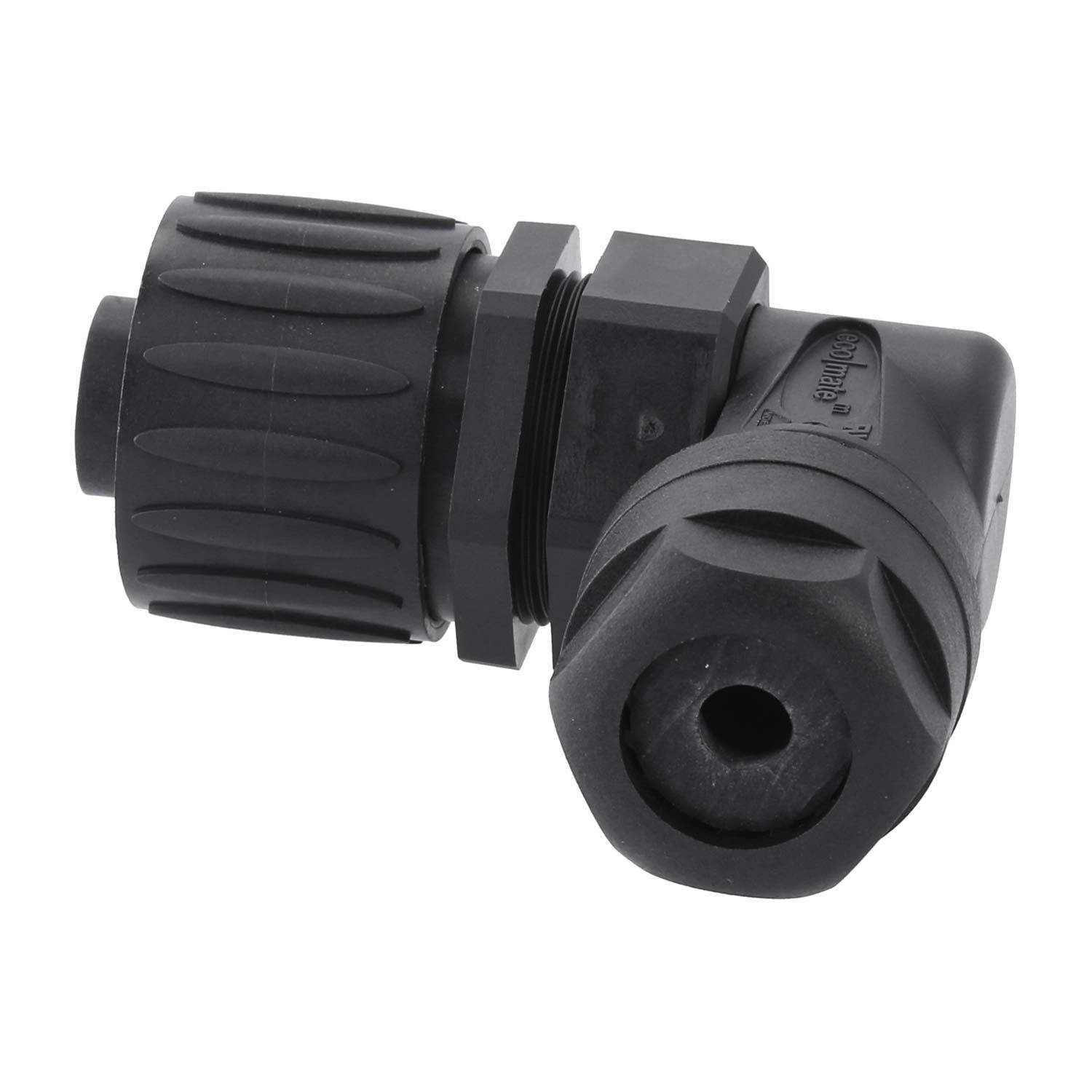 Ein schwarzer Plastik-Rohrbogen mit Gewindeende und gerippter Griffzone, konzipiert zum Verbinden von zwei Rohrabschnitten in einem 90-Grad-Winkel.