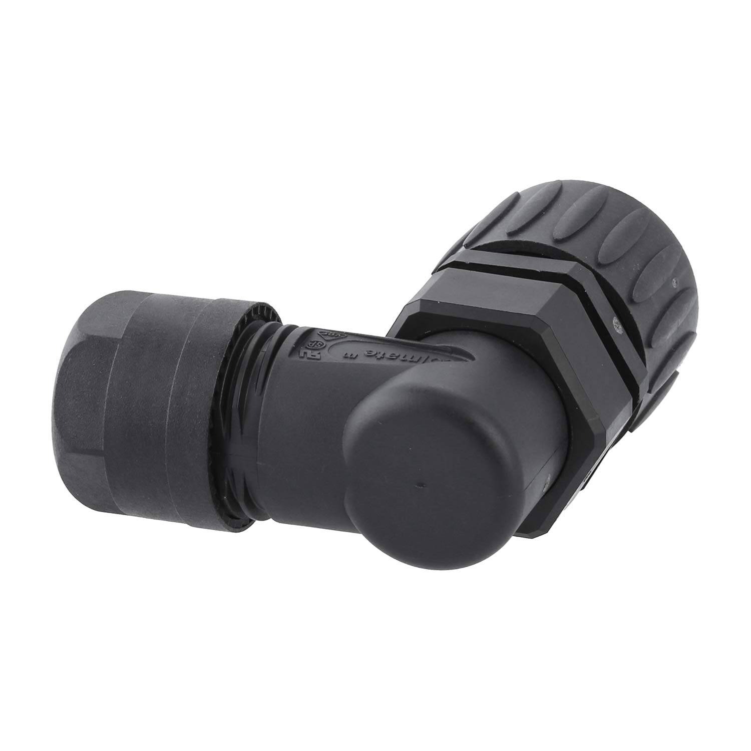 Ein schwarzer 90-Grad-Kabelverschraubungsbogen mit robusten, gerippten Enden, der zum sicheren Befestigen und Routing von Kabeln in beengten Räumen konzipiert ist.