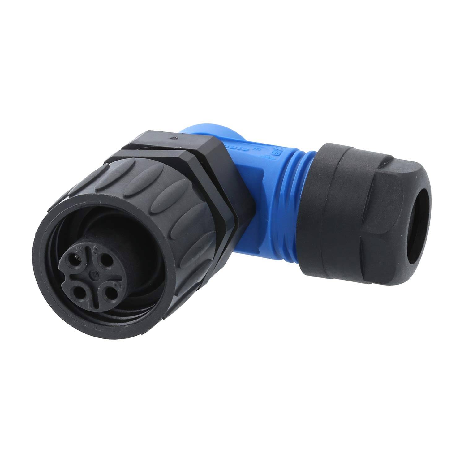 Ein blau-schwarzer, gewinkelte industrieller Schlauchverbinder mit gerippter Außenseite und drei sichtbaren Schlitzen an einem Ende.