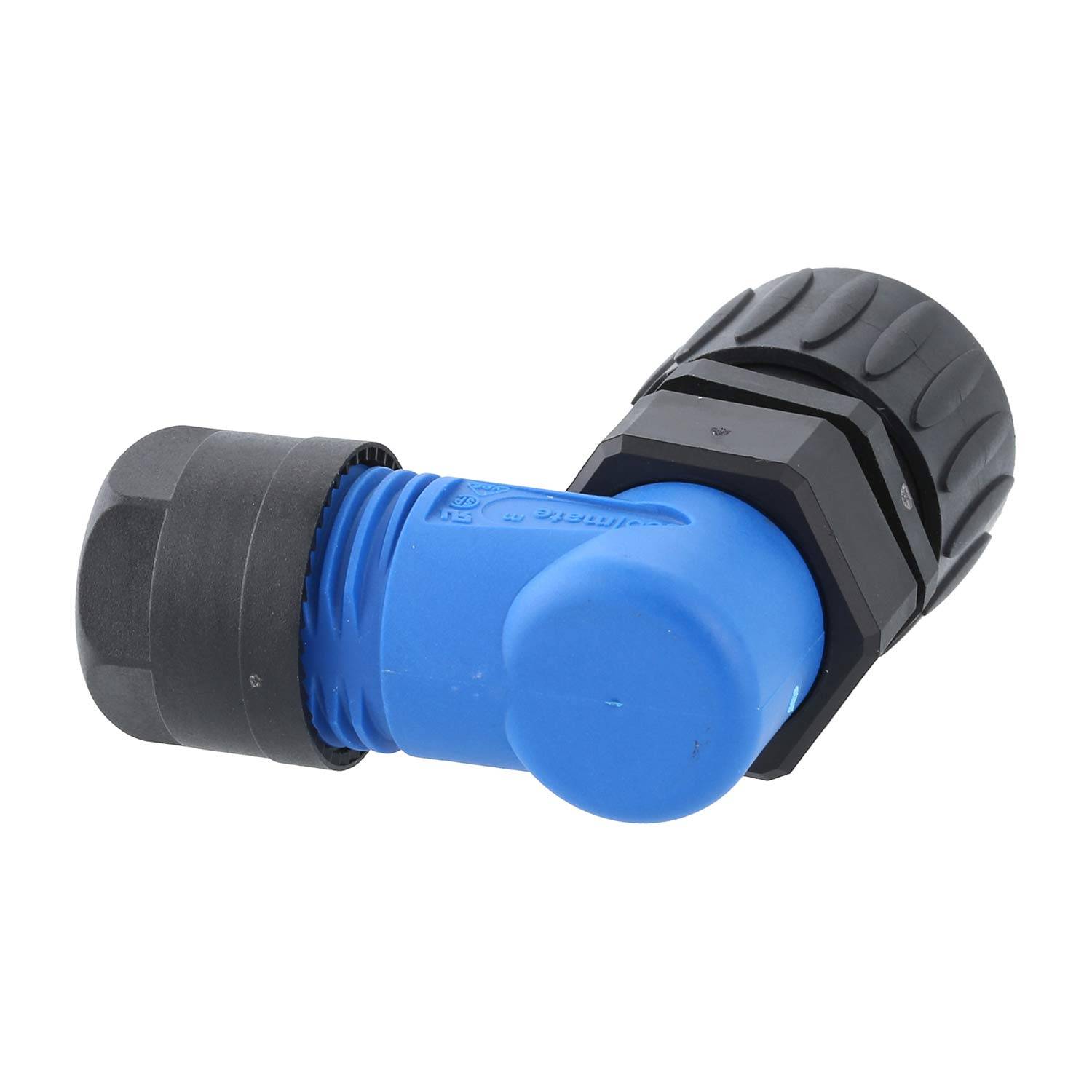 Ein blau-schwarzes Plastik-Rohrbogen-Verbindungsstück, das verwendet wird, um zwei Rohrabschnitte in einem 90-Grad-Winkel zu verbinden.