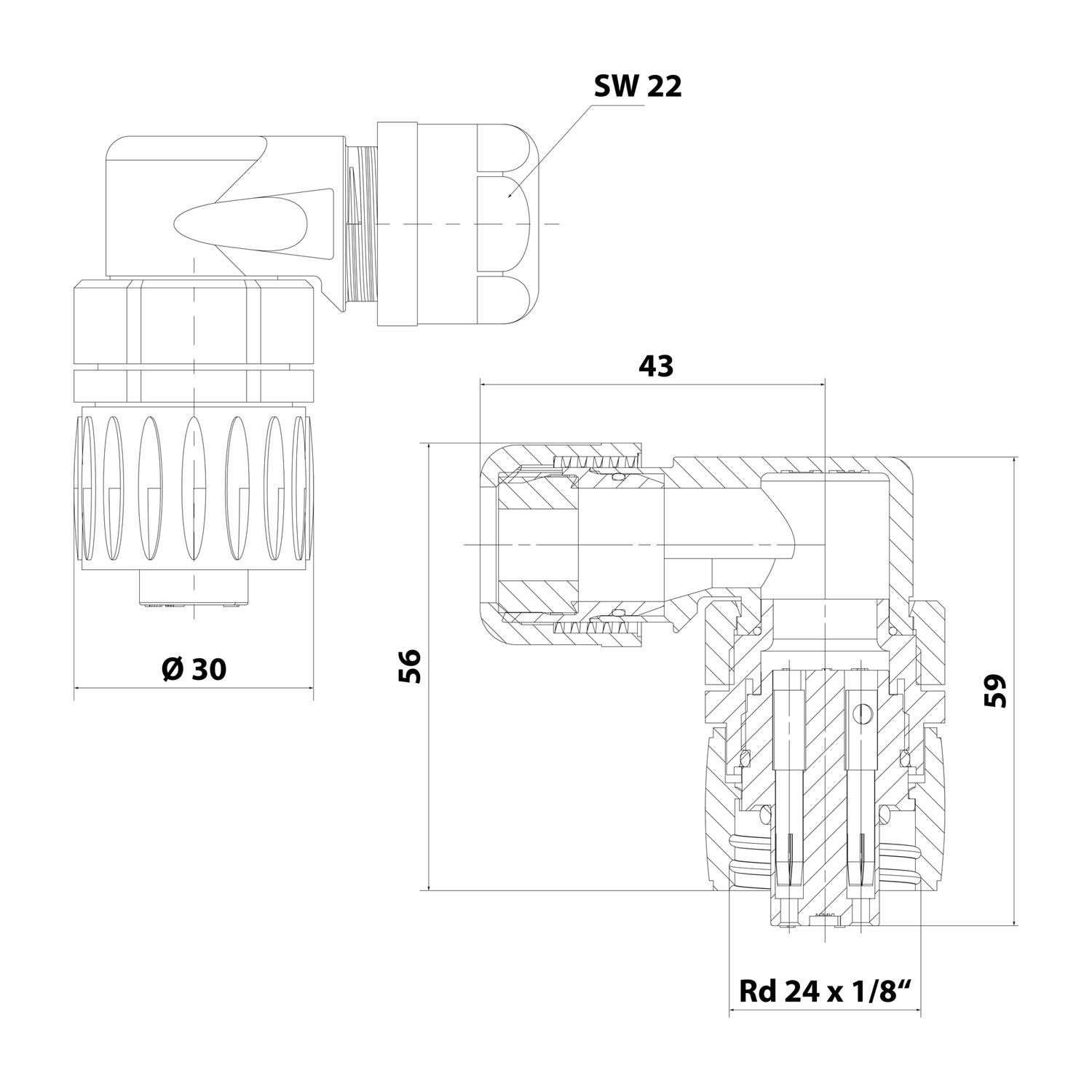 C01620F00310010 Amphenol RD24-KBW Kabelsteckverbinder gewinkelt Buchse Schraubanschluss, Polzahl 3+PE Kabelabgang
