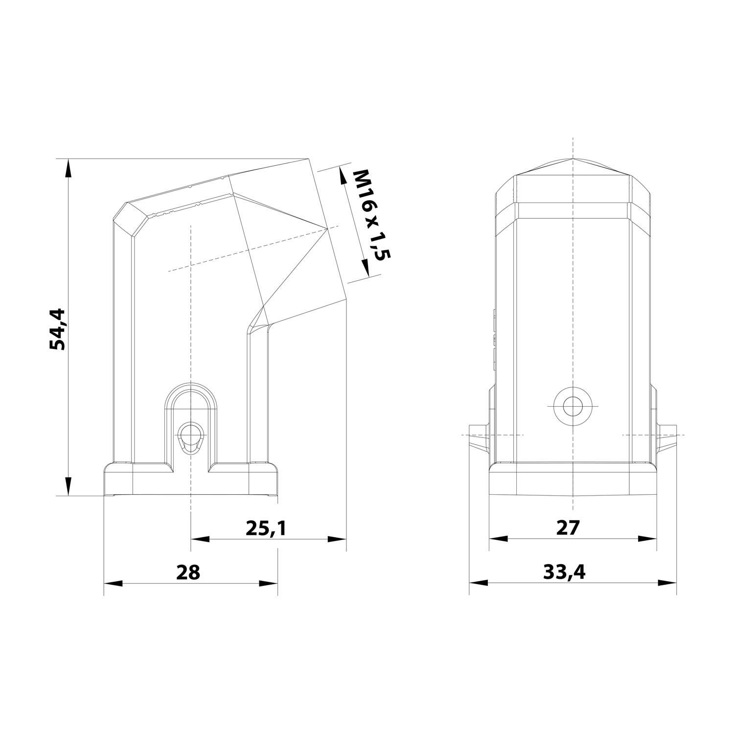 Technische Zeichnung einesBolzens mit Seiten- und Frontansicht mit Maßangaben: 54,4, 25,1, 28, 27, 33,4 und Gewindegrad M16x1,5.