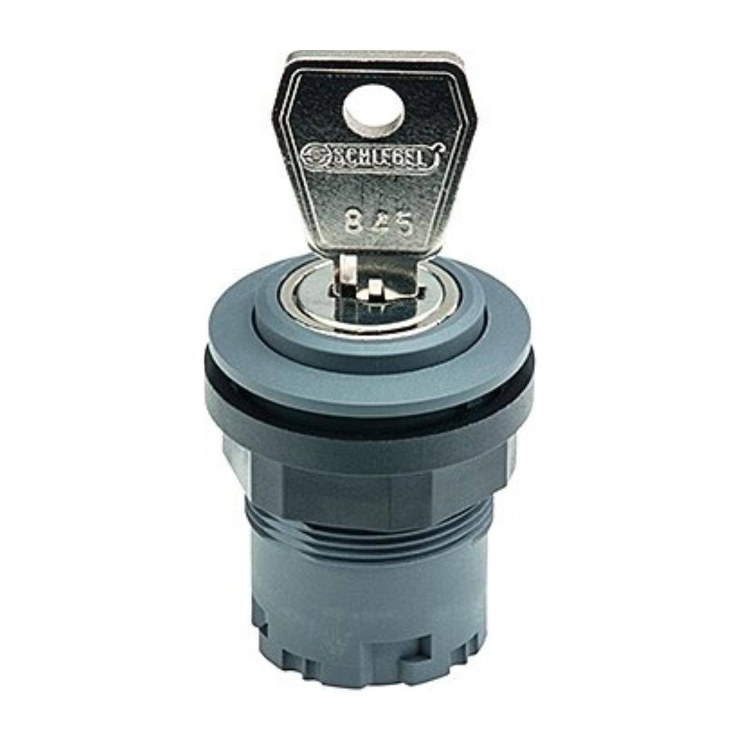 Ein Metallschlüssel, der in einen zylindrischen Schalterschloss eingeführt wird, mit der Bezeichnung 'Schlage', der seinen Sicherungsmechanismus zeigt.