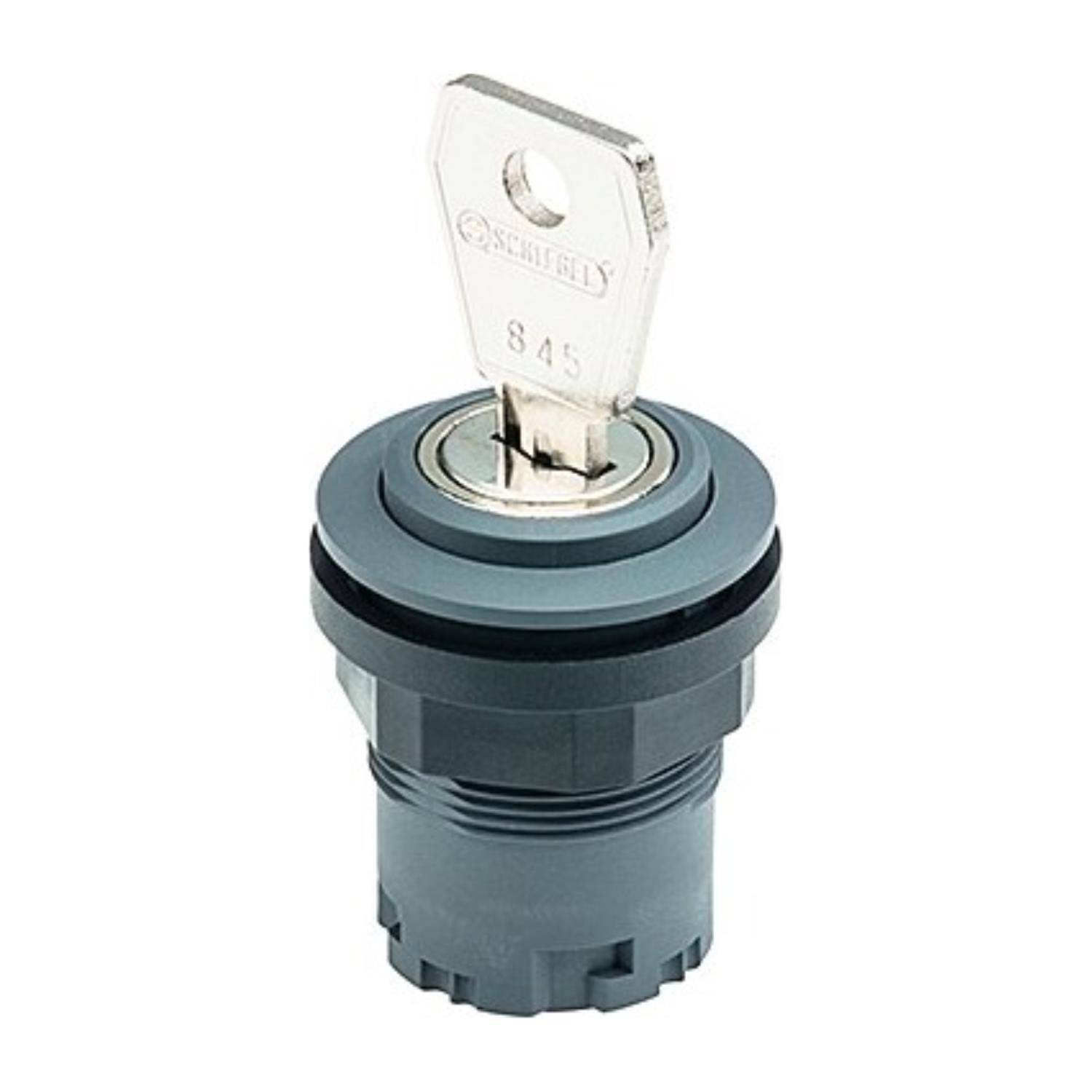 Ein zylindrisches Schloss mit eingestecktem Schlüssel, das einen gerillten Metallkörper und eine schwarze Dichtung zeigt, üblicherweise zum Sichern von Geräten oder Gehäusen verwendet.