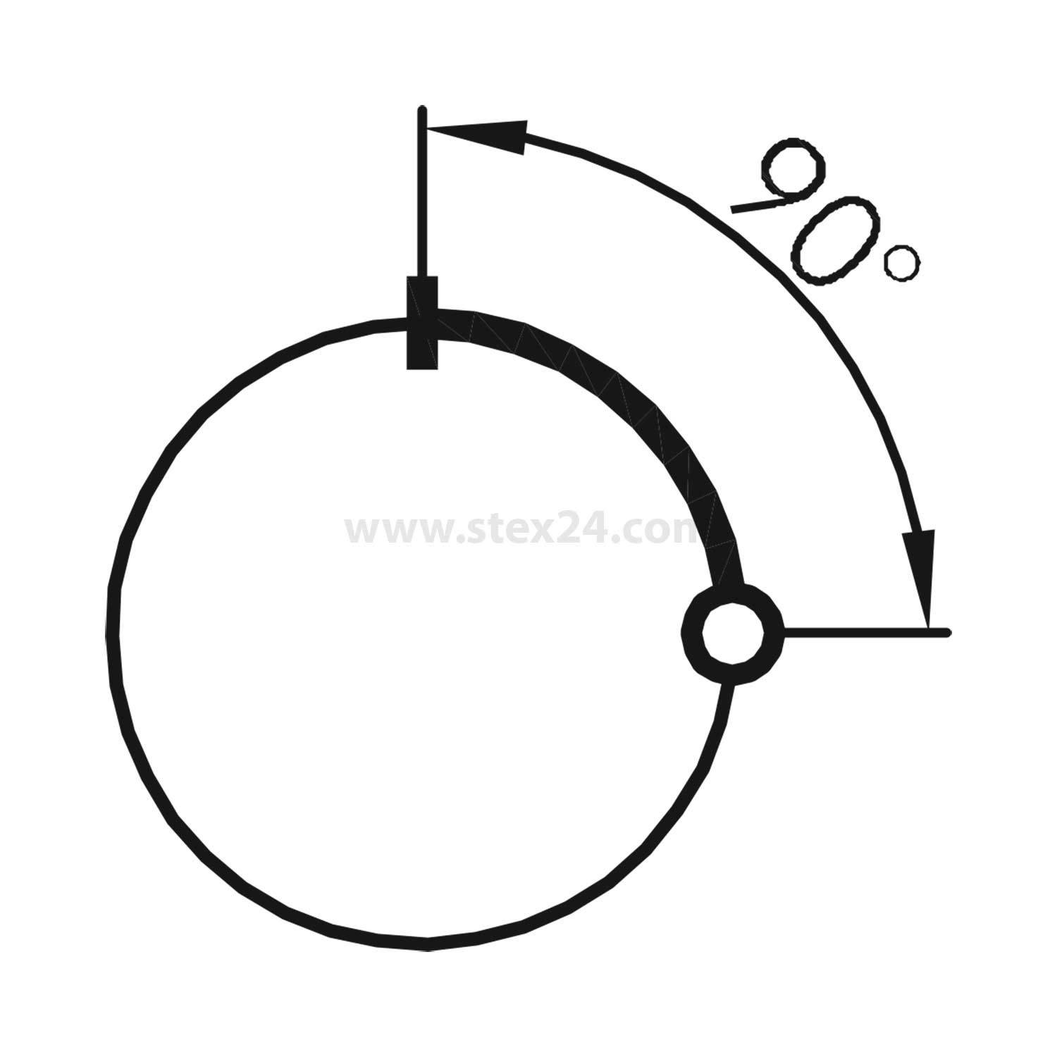 Ein Kreis mit einem markierten 90-Grad-Abschnitt, der mit einem Pfeil und einem Rechtwinkelsymbol außerhalb des Kreises versehen ist.