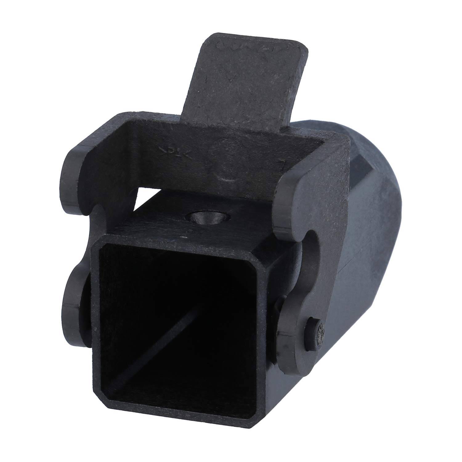 Ein schwarzer Metallquadratrohr-Adapter mit seitlichen Schrauben und einem oberen Hebel oder Verschluss, verwendet zum Sichern von Verbindungen oder Befestigungen.