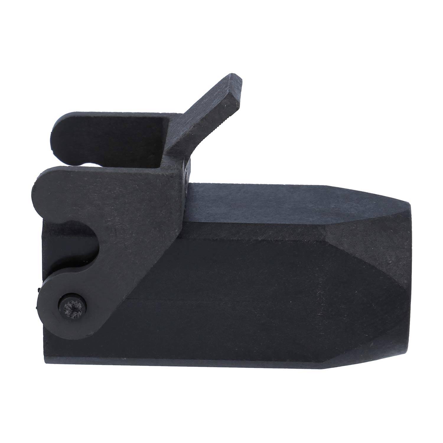 Schwarzer Metallverschlussmechanismus mit Scharnier und Haken, entwickelt zum sicheren Verschließen oder Zusammenfügen von Komponenten.