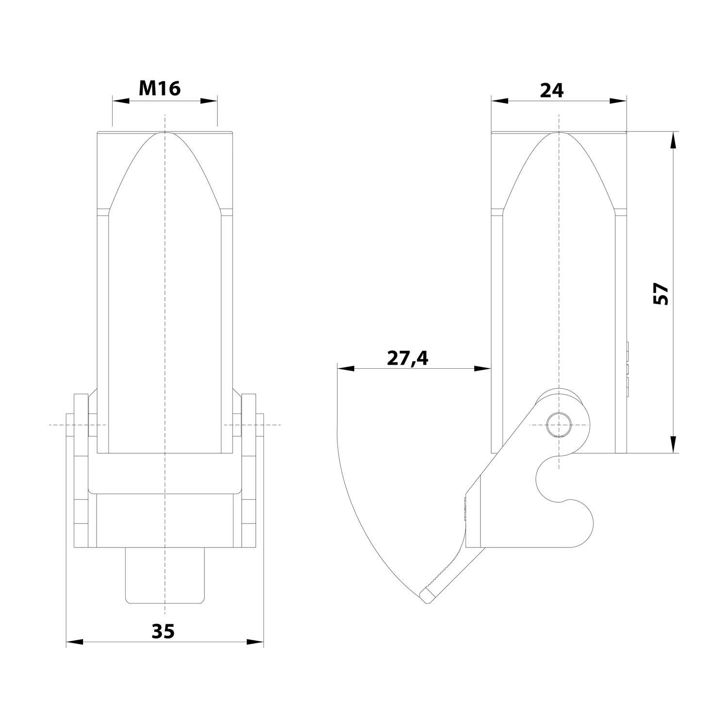 Technische Zeichnung einer mechanischen Komponente mit Maßangaben: M16 Breite, 57 Höhe, 35 Breite zu Stützen, 27,4 Tiefe, 24 obere Breite.