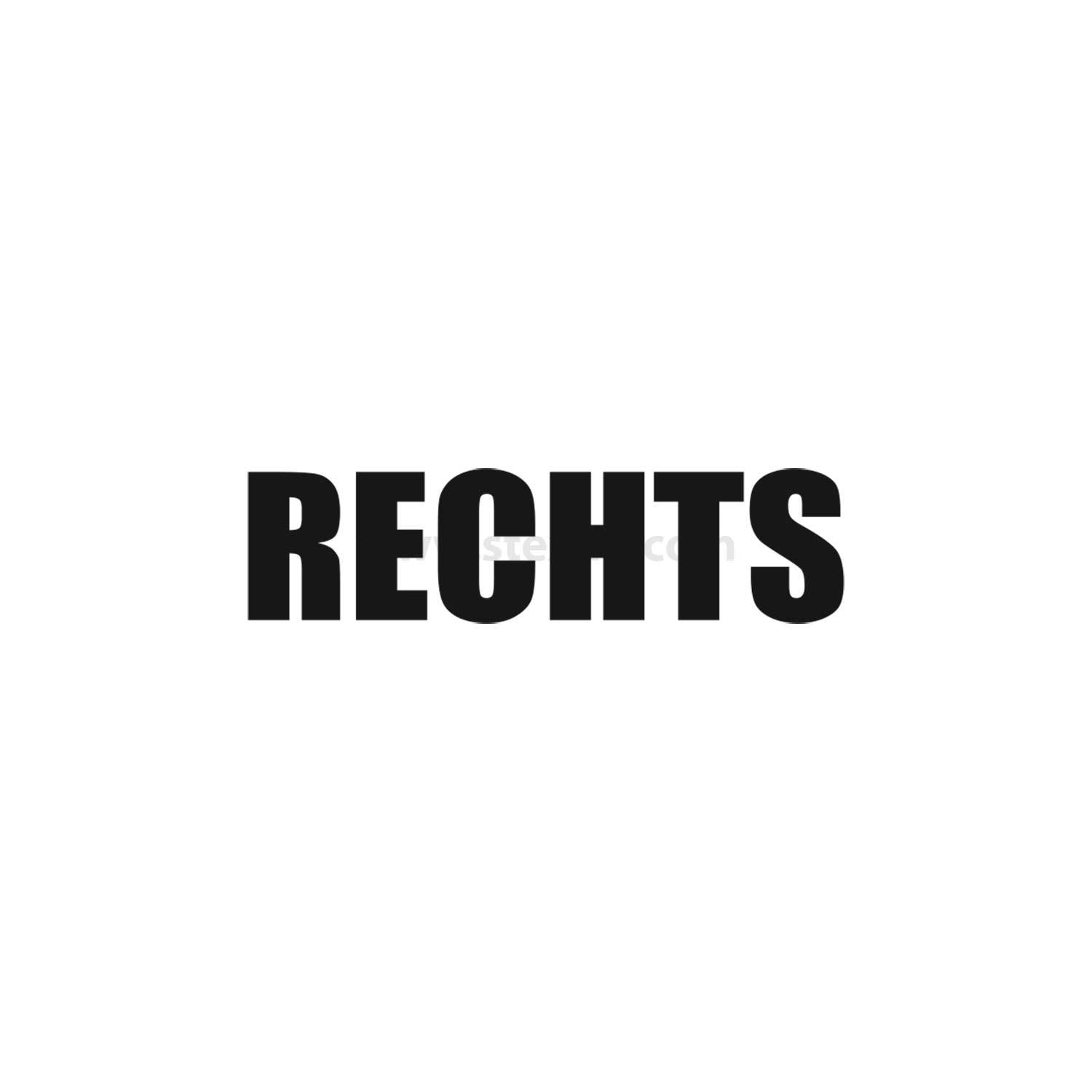 Das Bild zeigt das Wort 'RECHTS' in fetter, schwarzer Schrift, zentriert auf einem weißen Hintergrund.