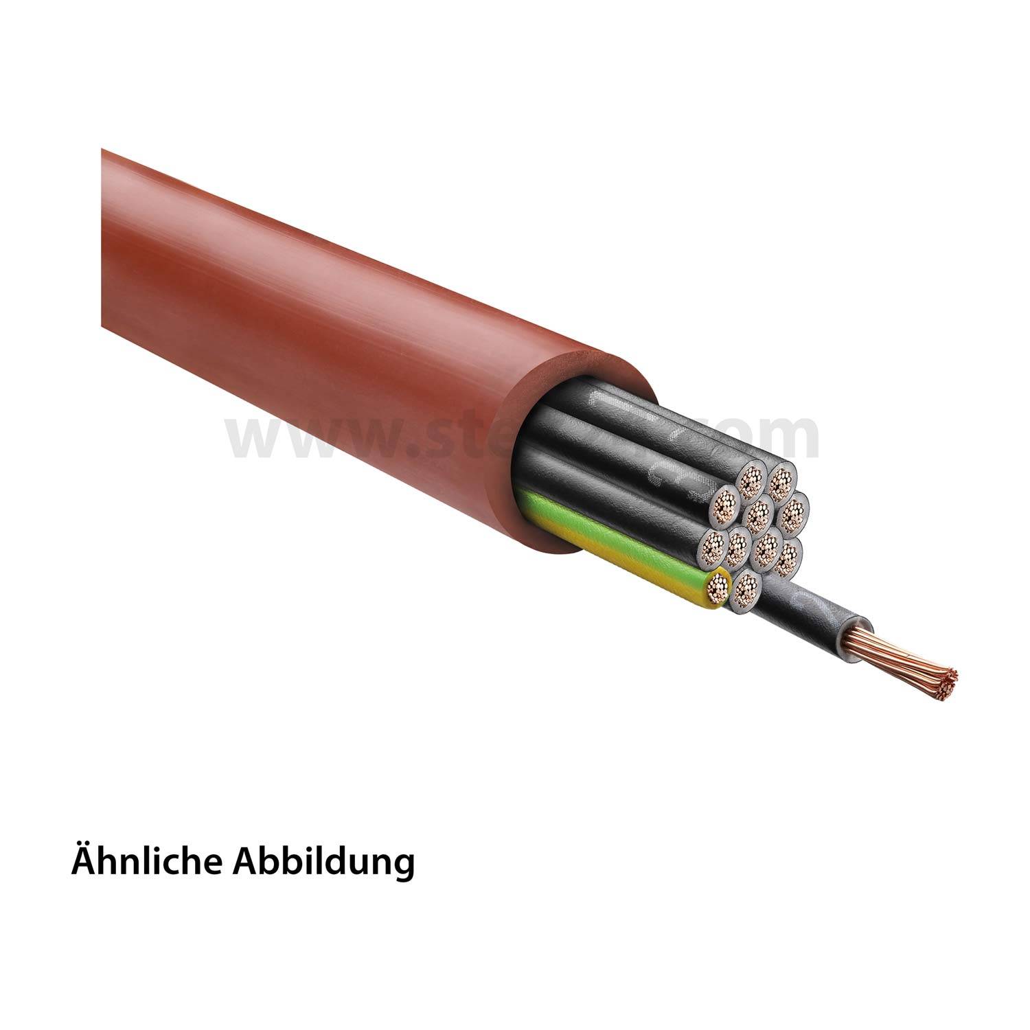 Ein Querschnitt eines Kabels, der mehrere farbige Drähte in einer braunen Ummantelung zeigt. Die freigelegten Kupferdrähte sind am Ende sichtbar.