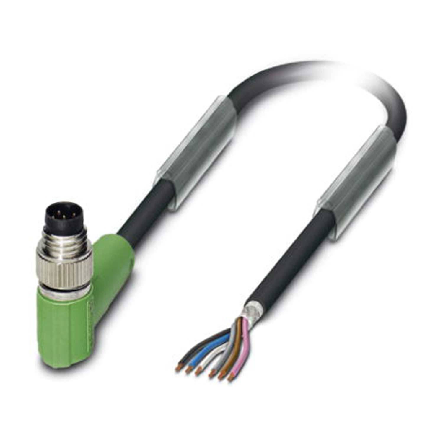 Ein grüner, gewinkelte M12-Stecker, der an ein Kabel mit freiliegenden Drähten angeschlossen ist, wobei verschiedenfarbige Kabeladern vom anderen Ende abstehen.