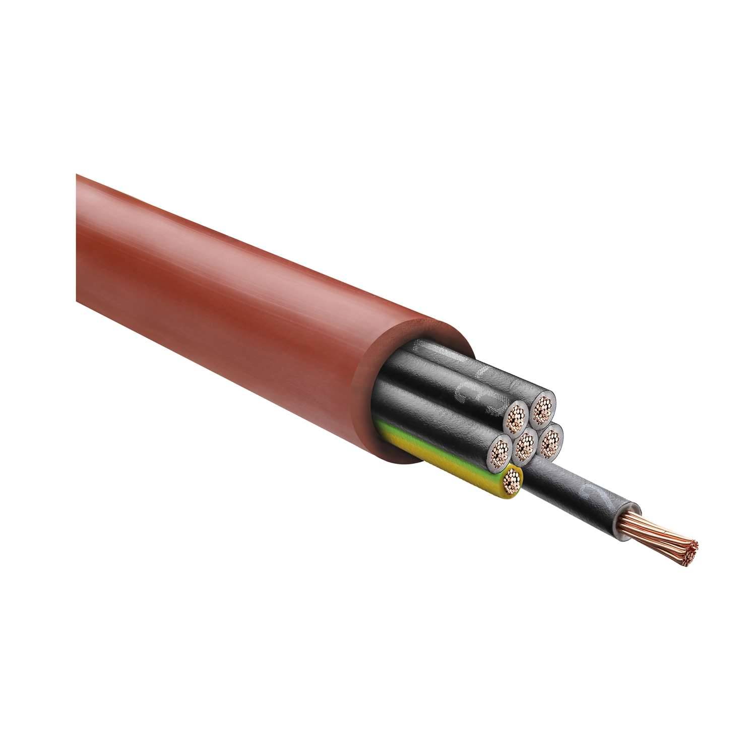 Ein Querschnitt eines Elektrokabels, das mehrere isolierte Kupferdrähte und eine schützende äußere Umhüllung zeigt.