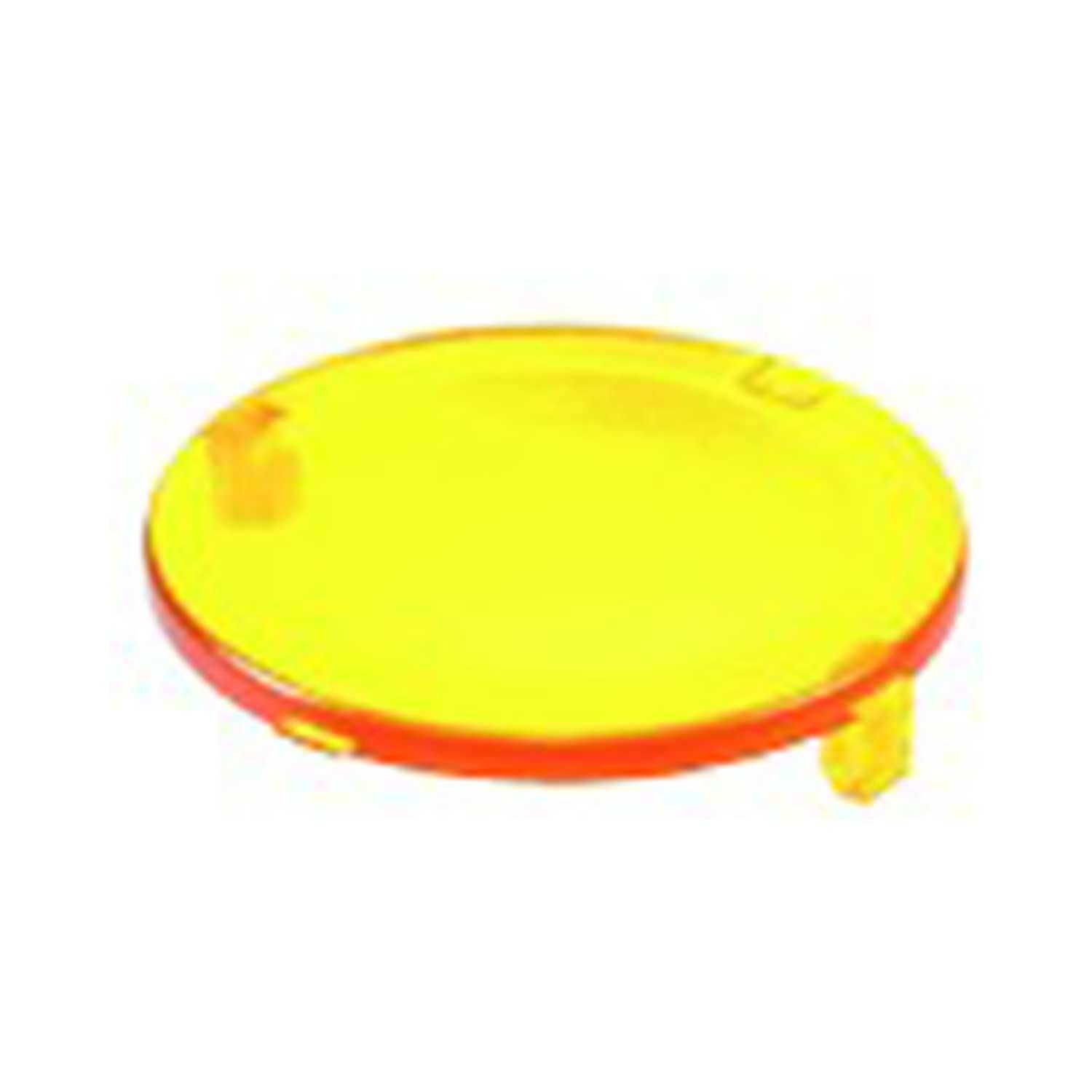Ein kleiner, runder, durchscheinend gelber Kunststoffdeckel mit zwei hervorstehenden Laschen, von oben betrachtet.