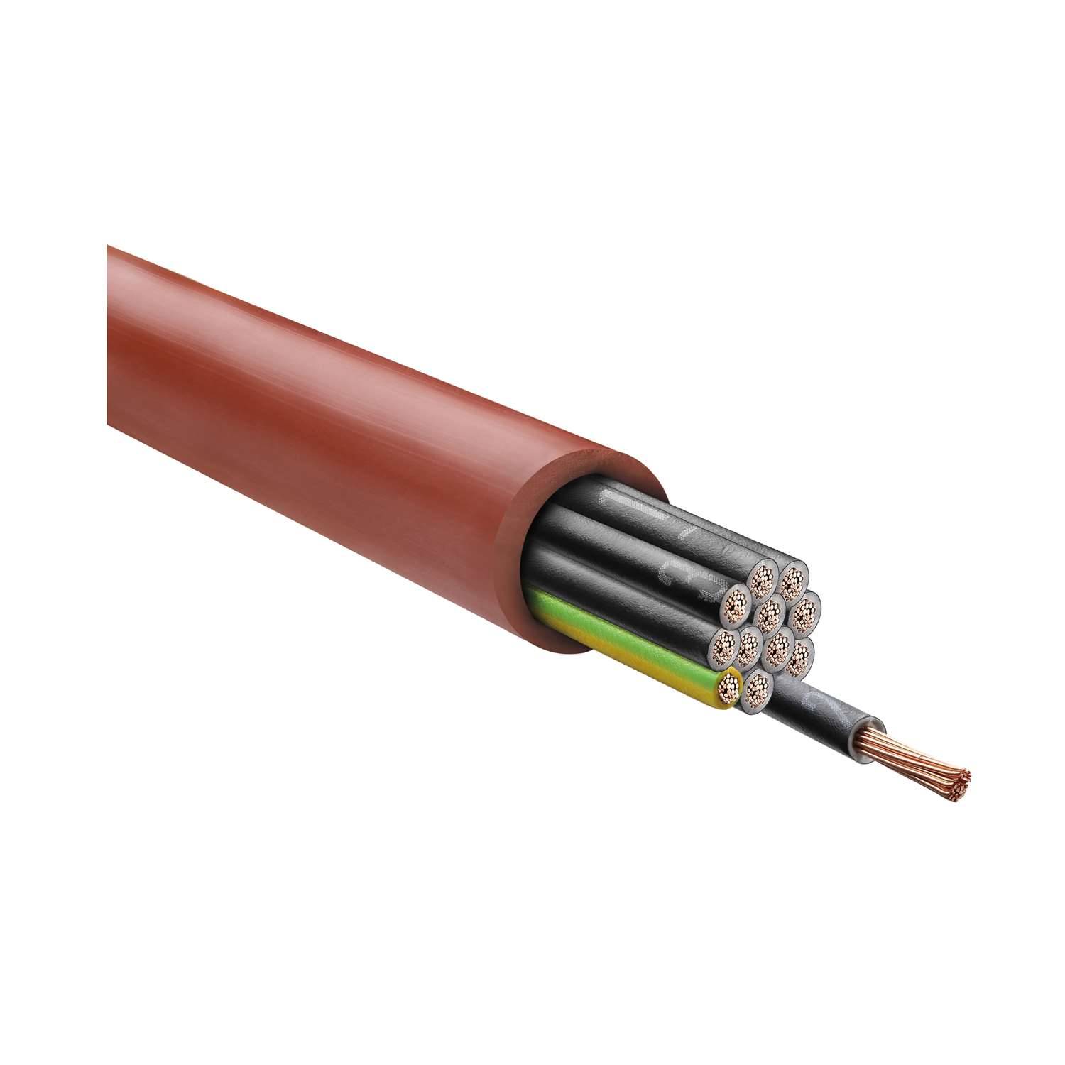 Querschnitt eines dicken roten Elektrokabels, der mehrere kleinere Kabel im Inneren zeigt und verschiedene Kupferdrahtbündel demonstriert.