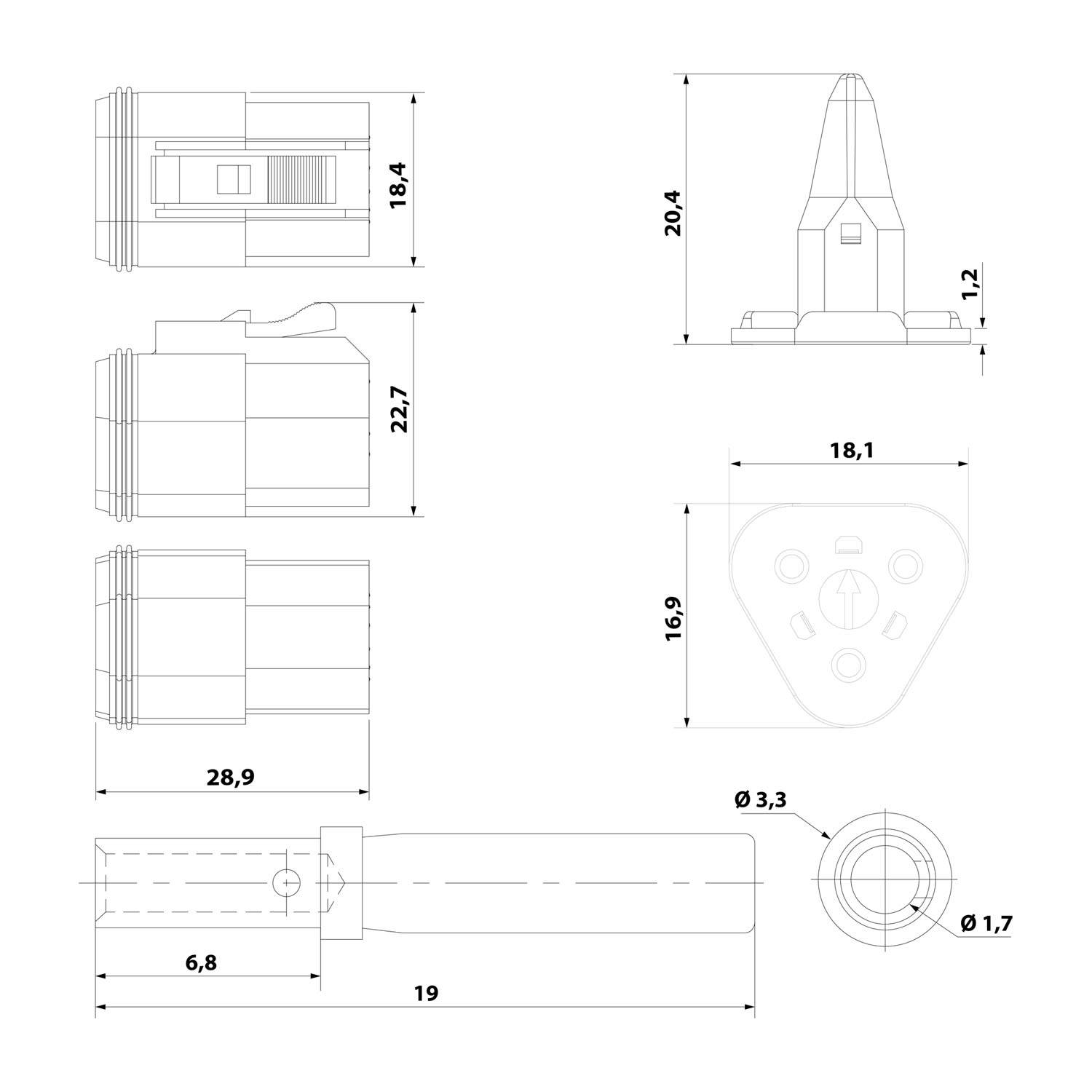 Technische Zeichnung eines Verbindungsstücks mit Seiten-, Ober- und Frontansicht. Abmessungen umfassen 28,9 mm Länge, 22,7 mm Höhe und 18,4 mm Breite.