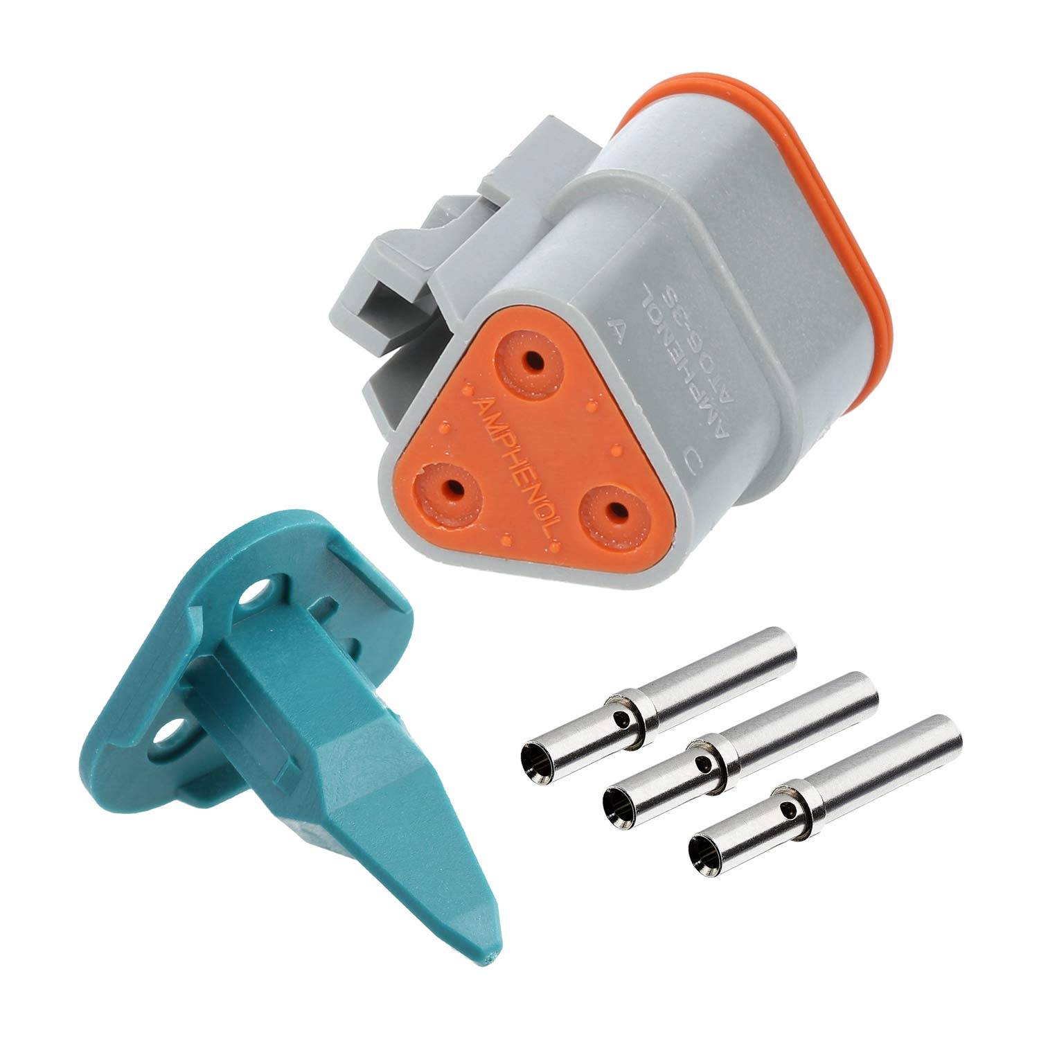 Elektrischer 'Ampenol'-Verbinder mit drei Metallstiften und einem blauen Kunststoffwerkzeug zur Installation oder Entfernung.