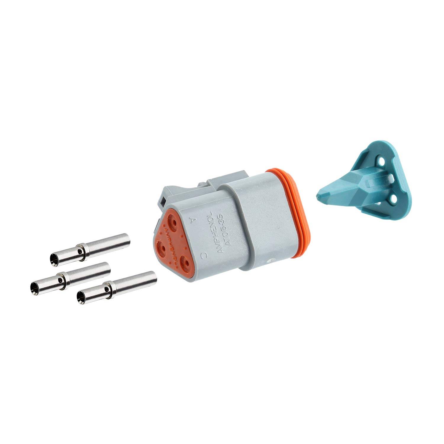 Ein grauer und orangefarbener elektrischer Anschluss mit drei Metallanschlüssen und einem blauen dreieckigen Werkzeug, vor einem einfarbigen Hintergrund.