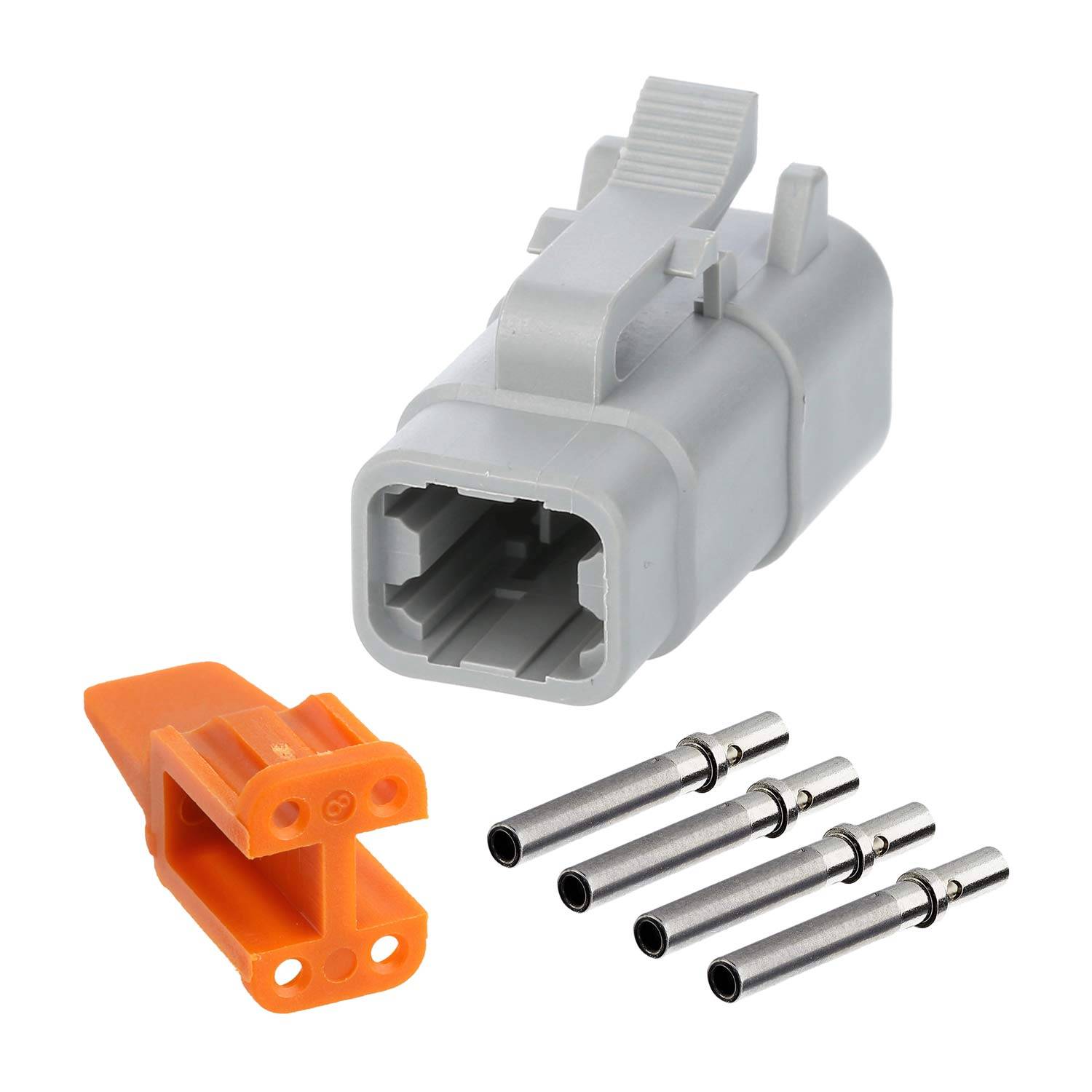 Ein grauer automotiver Elektroanschluss mit einer orangefarbenen Dichtung und vier Metallstiften, die daneben positioniert sind.