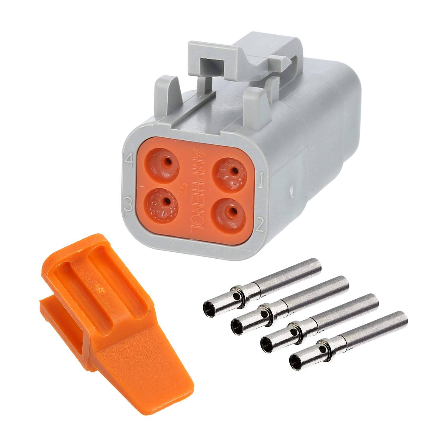 Drei-Pin-Elektroverbinder-Satz mit orangefarbener Dichtung und vier Pins, der in elektronischen Baugruppen verwendet wird, auf weißem Hintergrund dargestellt.