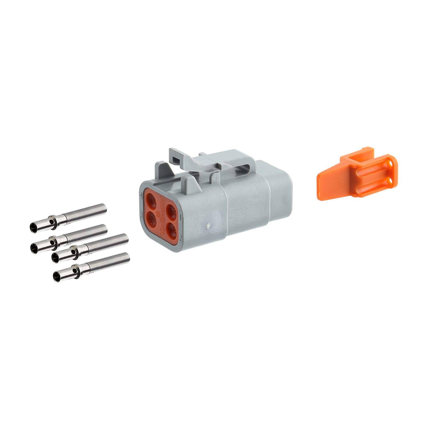 Ein grauer elektrischer Anschluss mit drei Schlitzen wird zusammen mit drei Metallstiften und einem orangefarbenen Clip gezeigt.