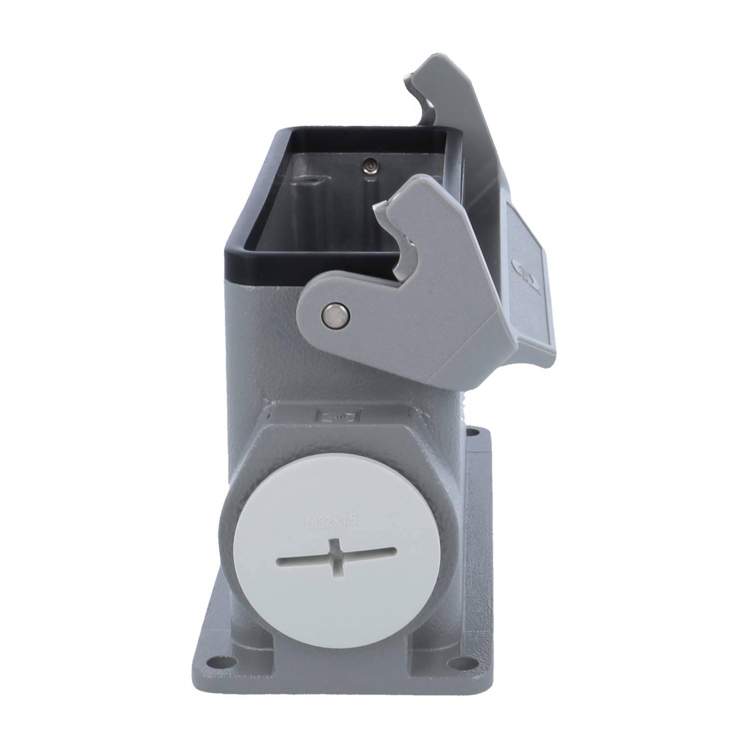 Industrielle Elektro-Steckdosenklappe in robustem grauem Gehäuse mit zwei klappbaren Schutzdeckeln, konzipiert für sichere elektrische Verbindungen.